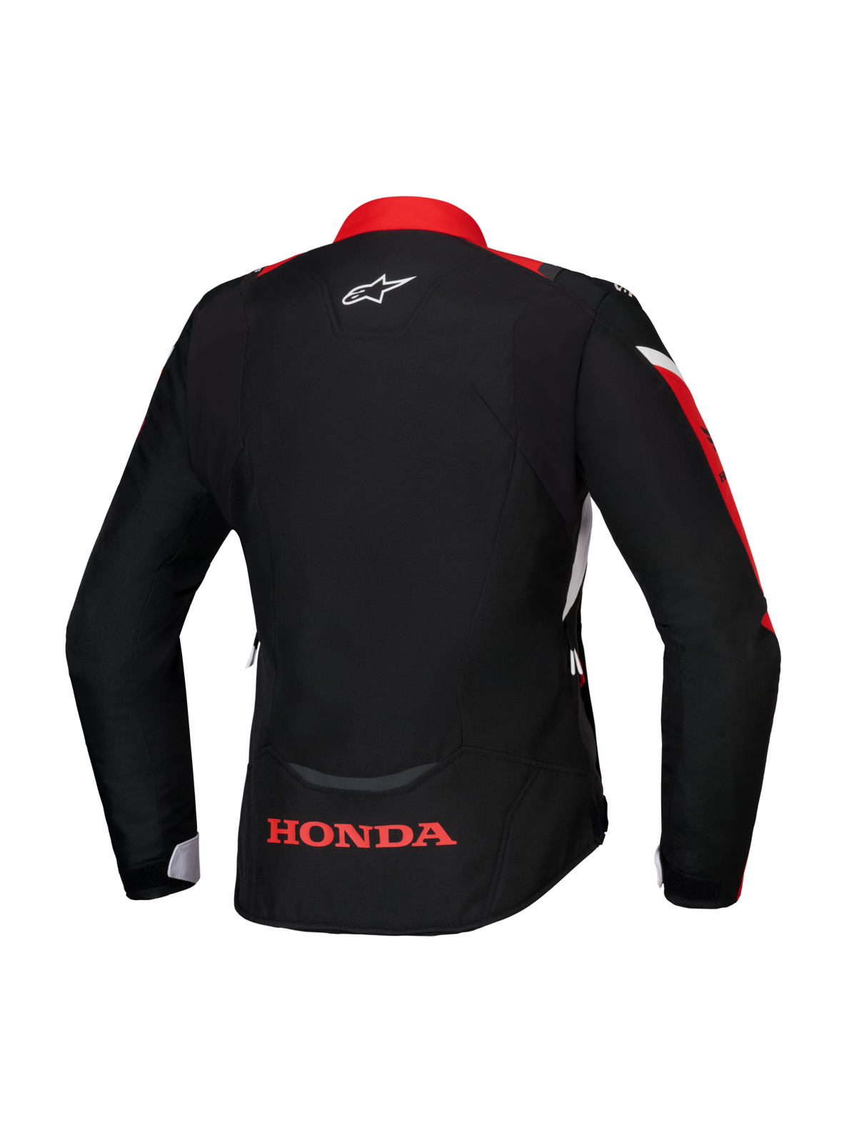 Kurtka Alpinestars Honda Stella T-Jaws V4 WP, widok z tyłu, czarna z jaskrawoczerwonymi i białymi akcentami, czerwone logo Honda na dole pleców i białe logo Alpinestars na karku, damska sportowa wodoodporna kurtka tekstylna