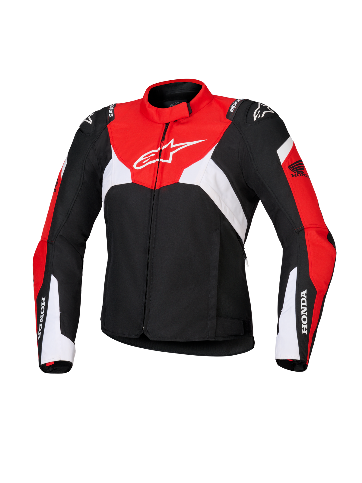 Alpinestars Honda Woman Stella T-Jaws V4 Wp Jacket, damska wodoodporna sportowa kurtka motocyklowa, czarna z jaskrawoczerwonymi i białymi panelami, z brandingiem Honda na rękawach i białym logo Alpinestars na klatce piersiowej, techniczna konstrukcja tekstylna o sportowej sylwetce