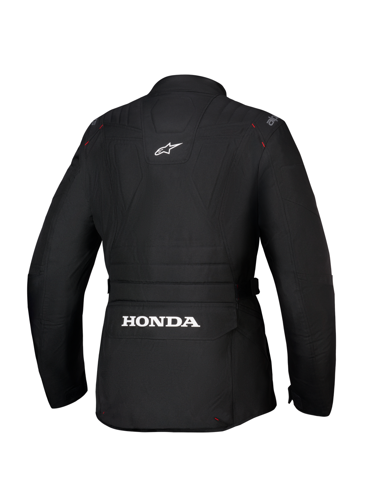 Alpinestars Honda Stella ST-1 WP Jacket, damska wodoodporna kurtka motocyklowa, czarna, widok z tyłu z dużym białym logo Honda na dolnej kieszeni cargo i logo Alpinestars na górze pleców, techniczna konstrukcja tekstylna o sylwetce adventure touring z czerwonymi detalami przeszyć.