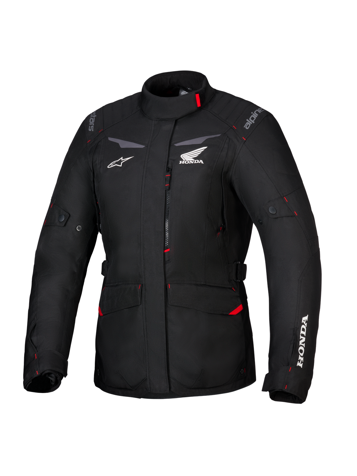 Kurtka Alpinestars Honda Stella ST-1 WP, damska wodoodporna kurtka turystyczna, czarna z czerwonymi akcentami i białymi logo Honda, wysoki kołnierz, przedni zamek błyskawiczny, rozszerzalne kieszenie cargo, trwała tekstylna odzież typu adventure