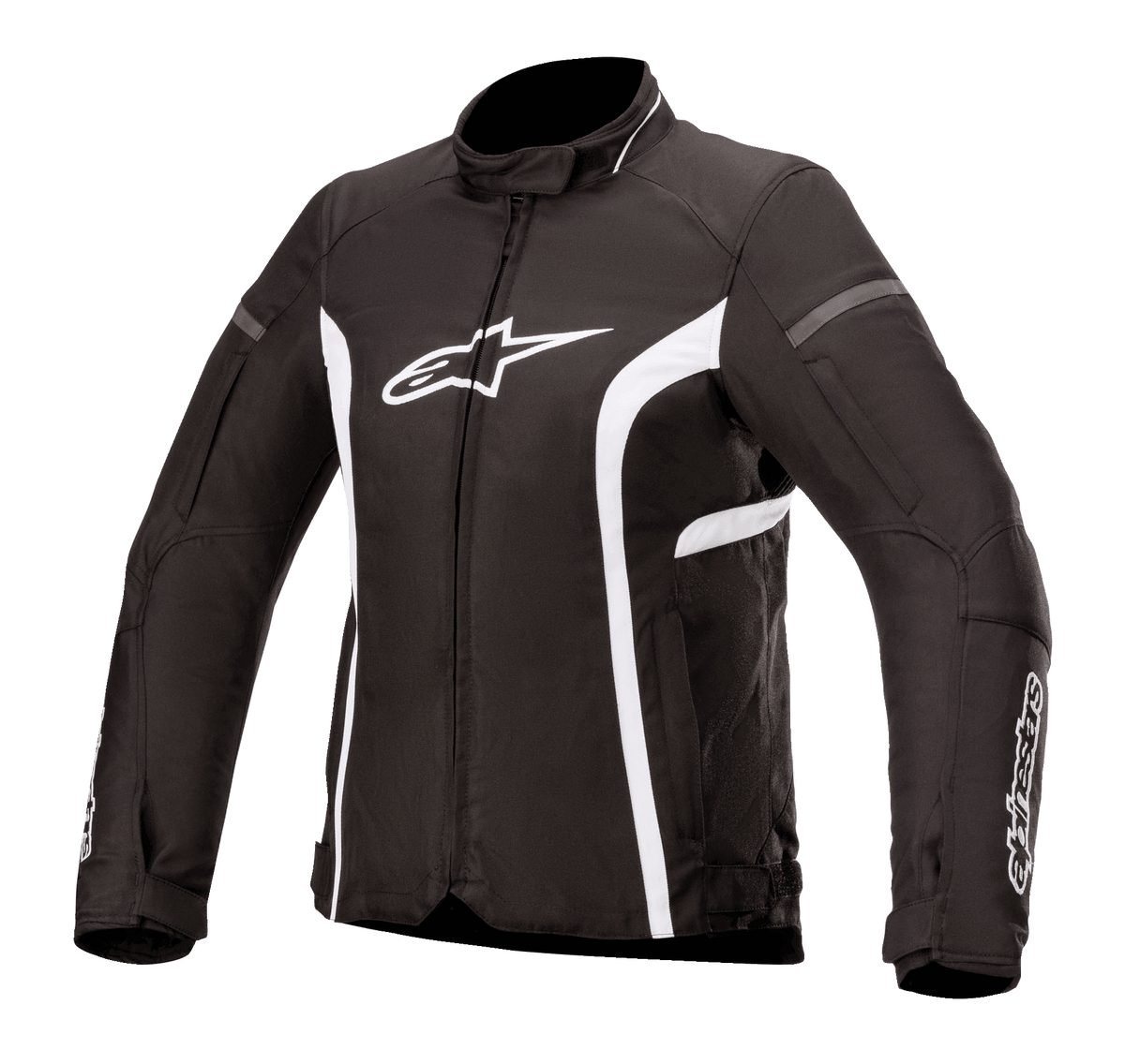 Alpinestars Stella T-Kira V2 Waterproof Jacket, damska tekstylna kurtka motocyklowa, czarno-biała, z wysokim kołnierzem, centralnym zamkiem błyskawicznym, białym logo na klatce piersiowej i zakrzywionymi białymi paskami po bokach, sportowy design do jazdy szosowej.