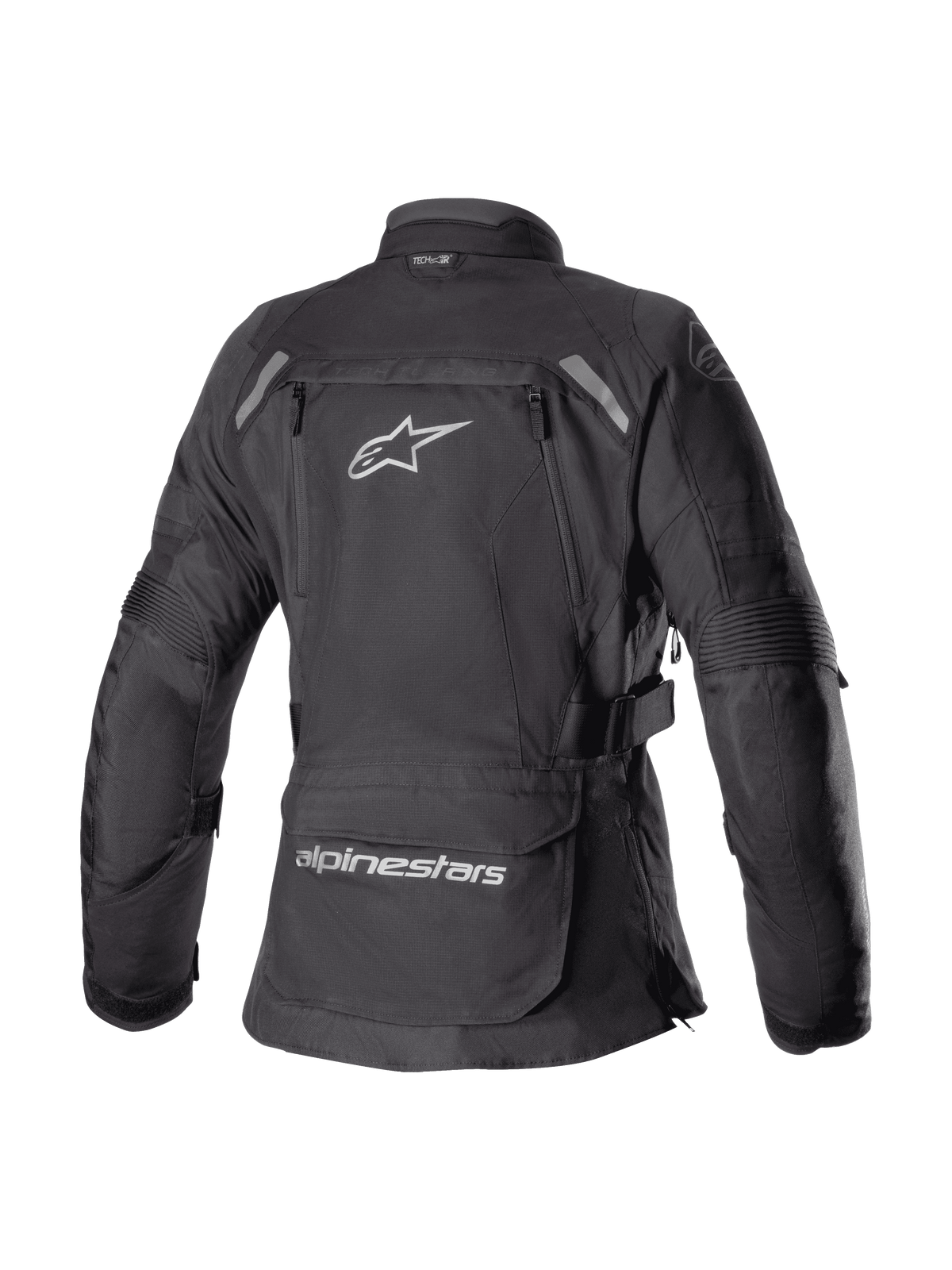 Alpinestars Stella Bogota' Pro Drystar® Jacket, czarna, damska tekstylna kurtka adventure touring, widok z tyłu, duże białe logo Astar, dolna kieszeń bagażowa z logo, odblaskowe akcenty na ramionach