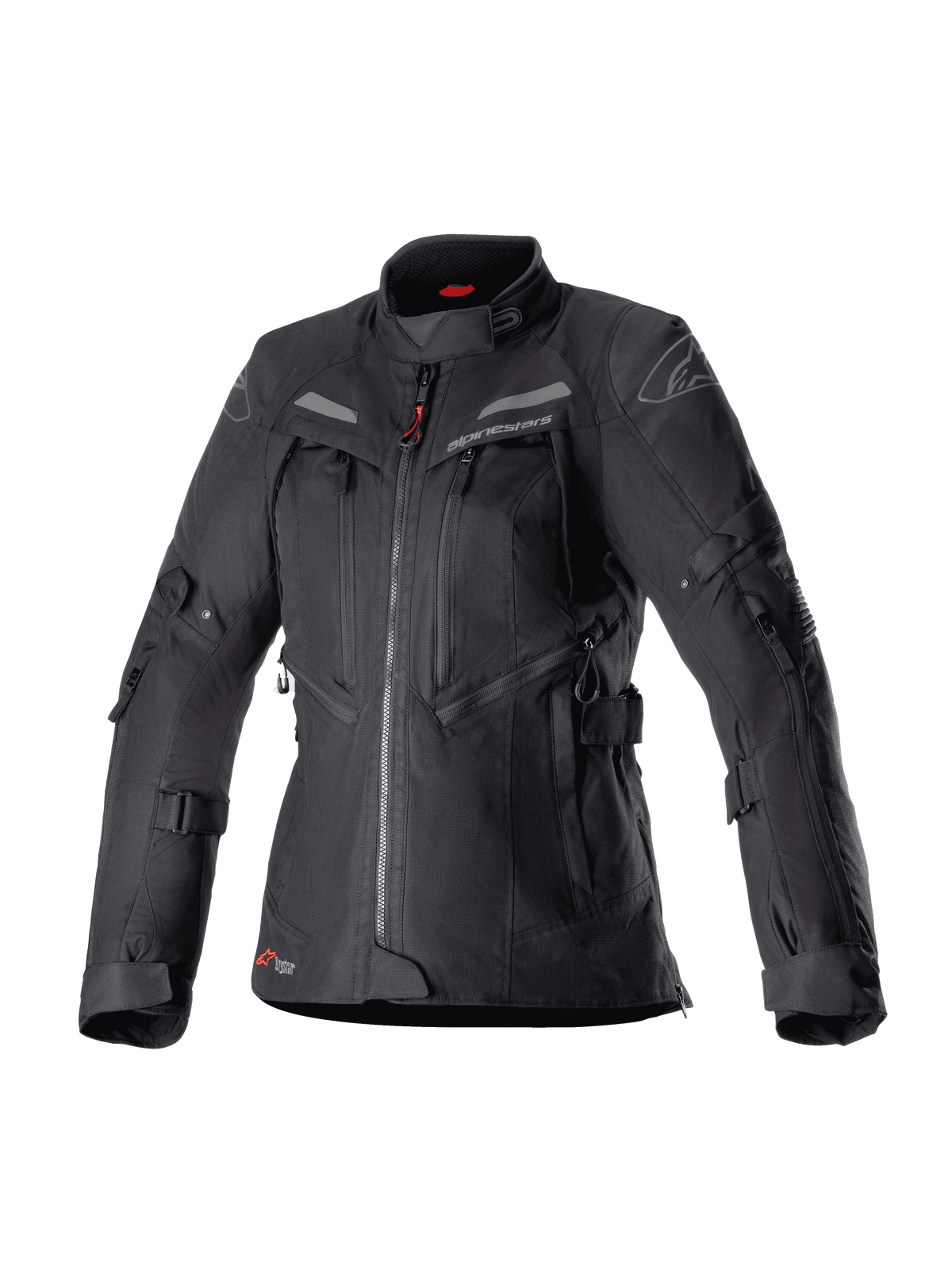 Damska kurtka Alpinestars Stella Bogota Pro Drystar, czarna motocyklowa kurtka turystyczna adventure, wodoodporna konstrukcja tekstylna z licznymi zamkami z przodu i panelami wentylacyjnymi, regulowane paski na rękawach i w talii, subtelne czerwone akcenty i branding Alpinestars.