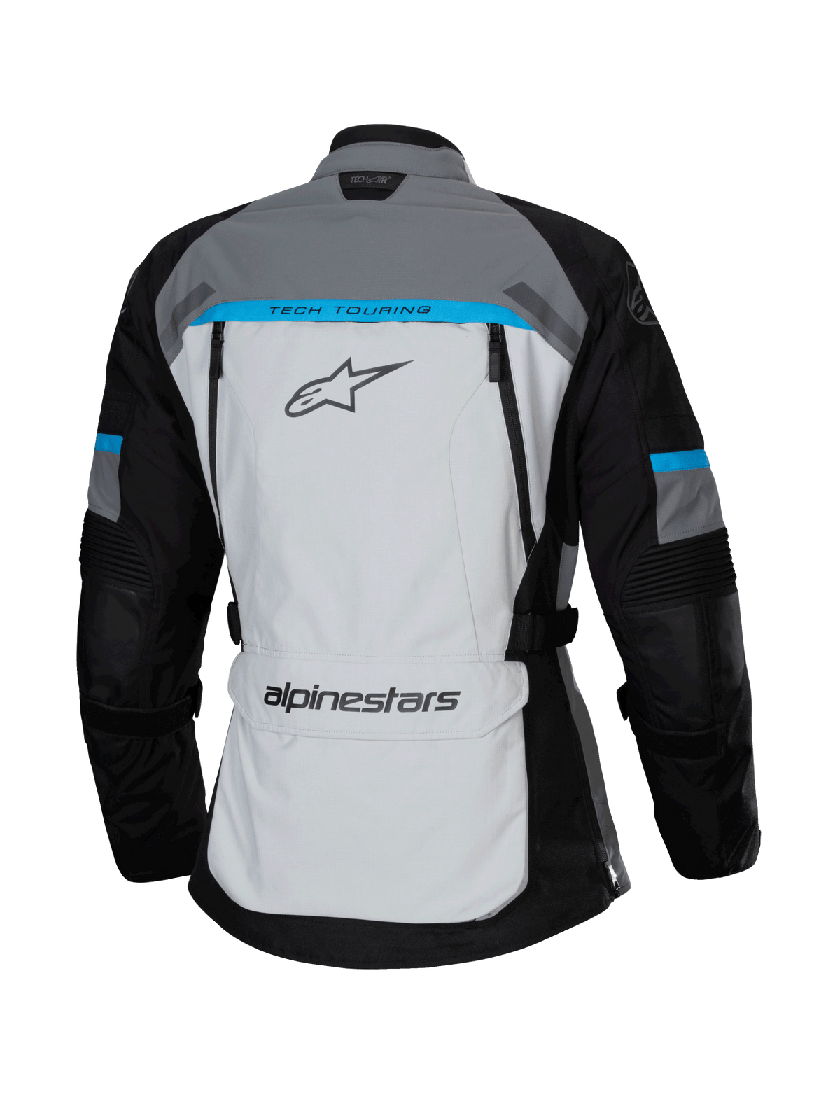 Kurtka Alpinestars Stella Bogotá Pro Drystar®, kolor Ice Gray, czarny i cyjanowy, widok z tyłu z dużym jasnoszarym panelem z napisem „TECH TOURING”, czarne rękawy z cyjanowymi akcentami oraz dolna kieszeń na plecach.