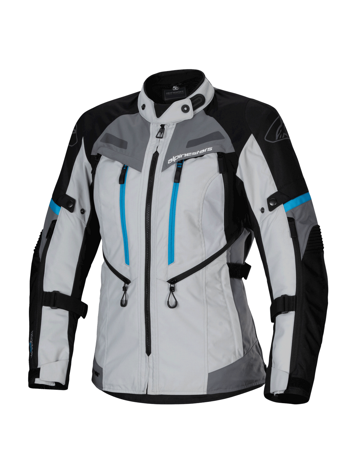 Alpinestars Stella Bogota' Pro Drystar® Jacket, damska kurtka adventure touring, w kolorze lodowo-szarym, czarnym i błękitnym, z wodoodporną membraną Drystar®, dwoma pionowymi niebieskimi zamkami na klatce piersiowej, regulowanymi paskami na ramionach i w talii oraz wzmocnionymi panelami ochronnymi