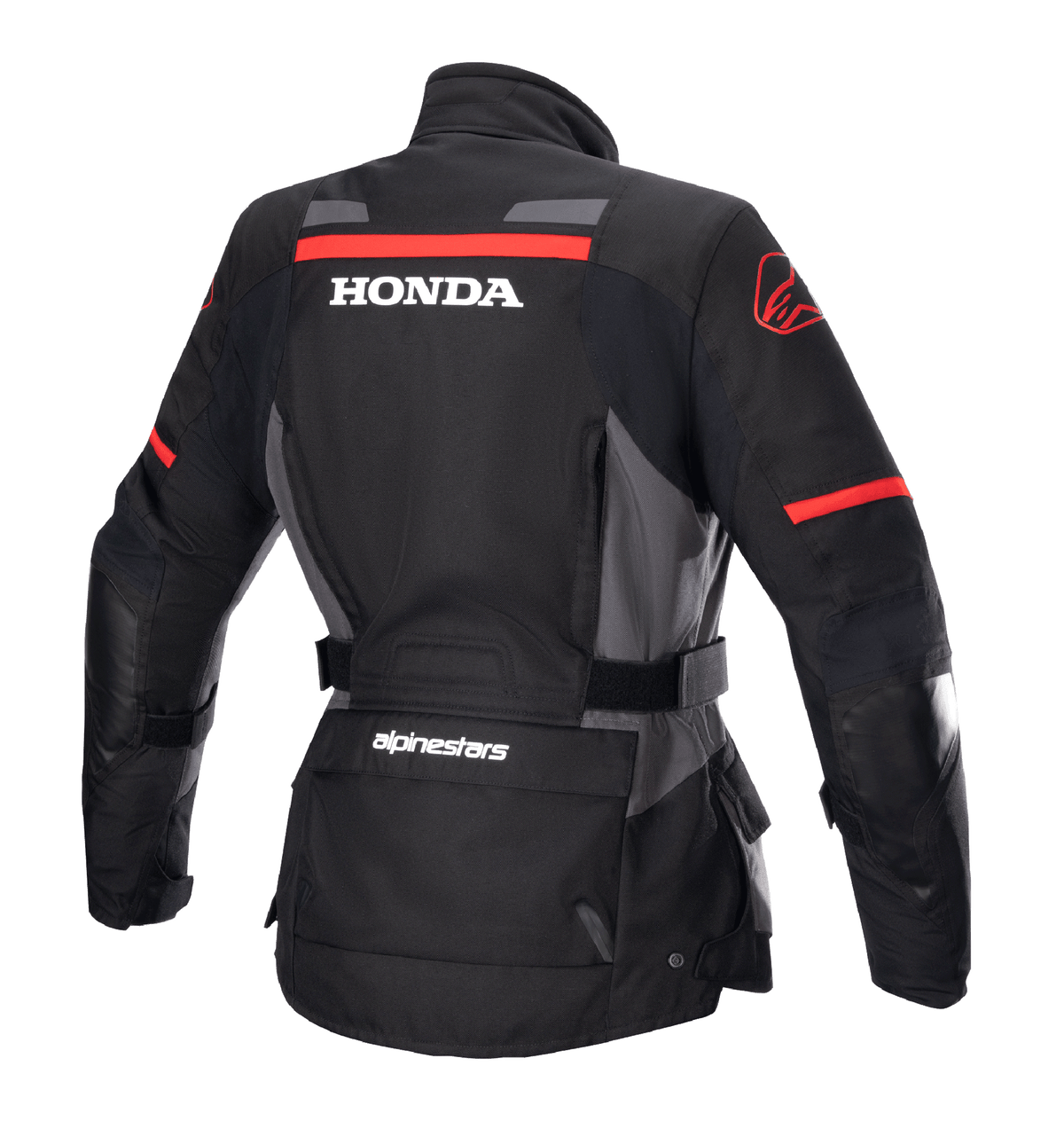 Alpinestars Women Stella Honda Andes V3 Drystar® Jacket, Motorcycle Adventure Jacket, Black Tar Gray and Bright Red, Rear view featuring bold white HONDA logo and red Alpinestars graphics, waterproof textile construction with adjustable waist and utility pockets