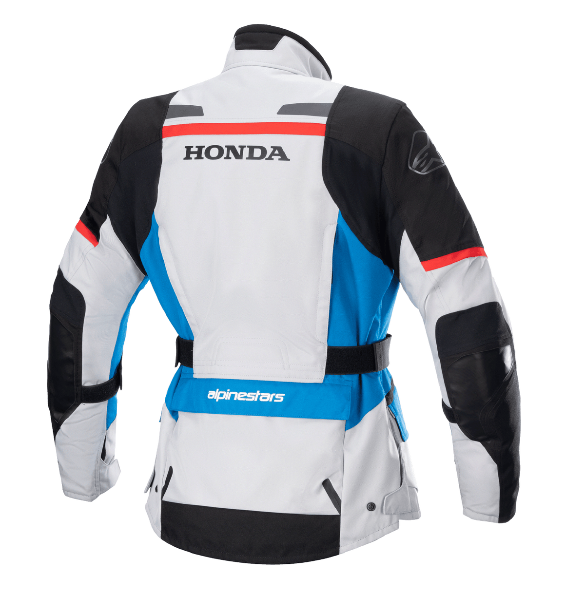 Damska kurtka Alpinestars Stella Honda Andes V3 Drystar®, widok z tyłu, kolor lodowo-szary z niebieskimi i jaskrawoczerwonymi akcentami, wyraźne czarne logo HONDA na plecach, logo Alpinestars na ramieniu i w dolnej części pleców, regulowany pas w talii, tekstylna motocyklowa kurtka turystyczna adventure