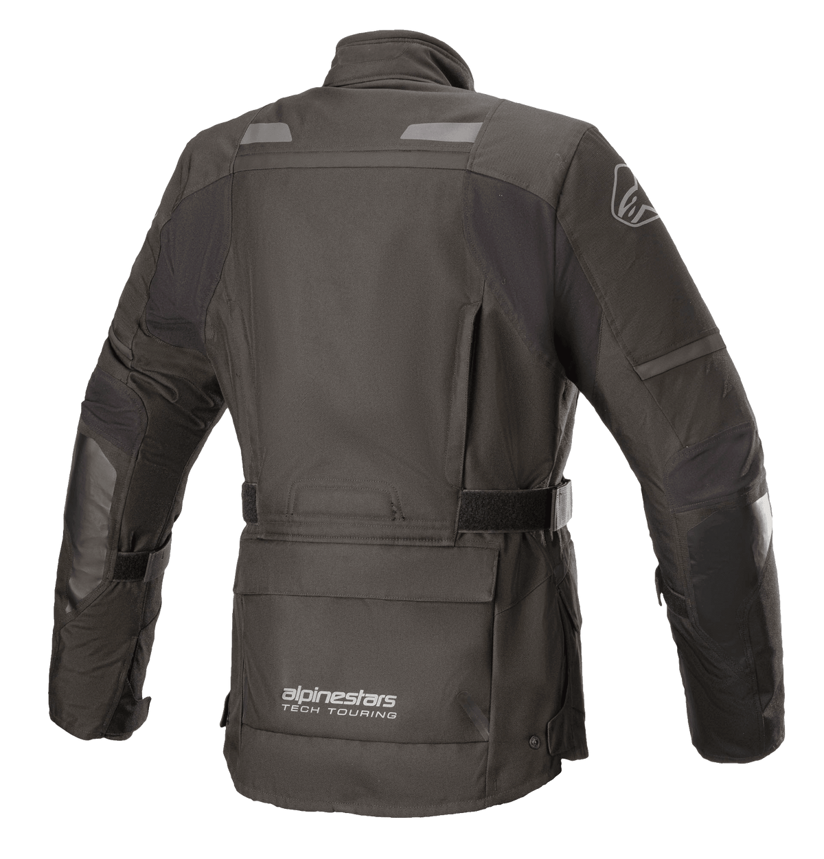 Kurtka damska Alpinestars Stella Andes V3 Drystar®, czarna i ciemnoszara, widok z tyłu przedstawiający wodoodporną konstrukcję tekstylną, dużą kieszeń w dolnej części pleców, regulowany pasek w talii oraz odblaskowe elementy bezpieczeństwa.