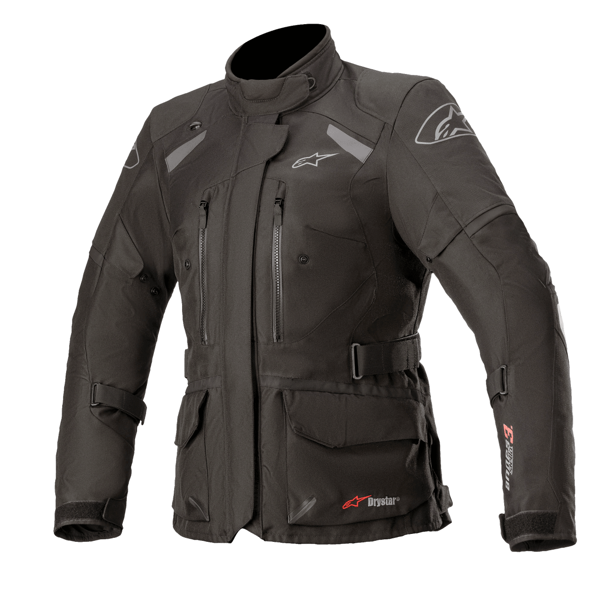 Alpinestars Stella Andes V3 Drystar Jacket, damska kurtka motocyklowa turystyczna, czarna i ciemnoszara, wodoodporna konstrukcja tekstylna, z wieloma kieszeniami cargo i piersiowymi, regulowanym pasem w talii, wysokim kołnierzem oraz odblaskowymi elementami dla ochrony w każdych warunkach pogodowych