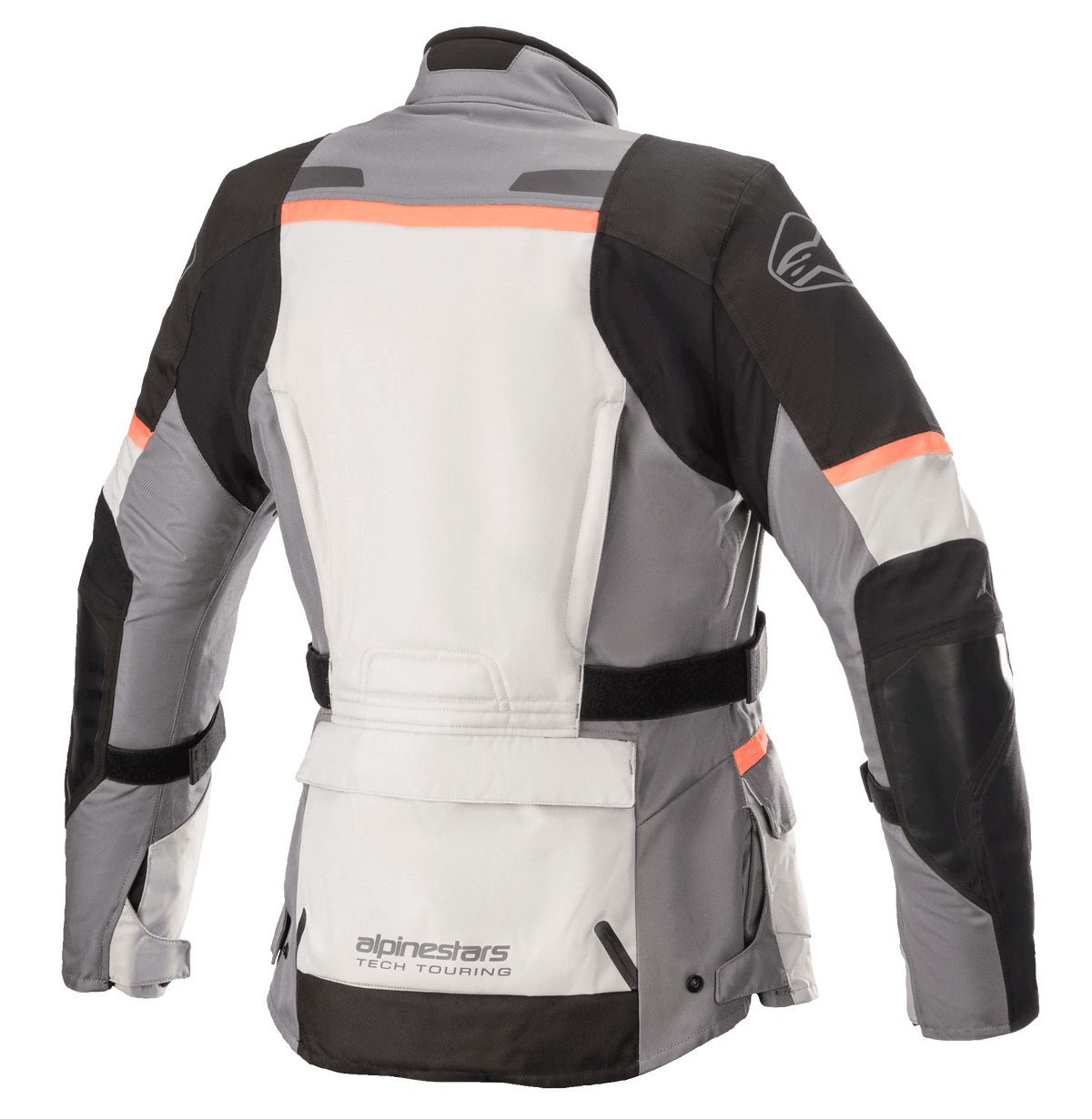 Alpinestars Stella Andes V3 Drystar® Jacket, damska kurtka motocyklowa, kolor lodowy szary, ciemnoszary, czarny i koralowy, widok z tyłu z dużą kieszenią na dole pleców, regulowanym pasem w talii i koralowymi akcentami na ramionach i plecach.
