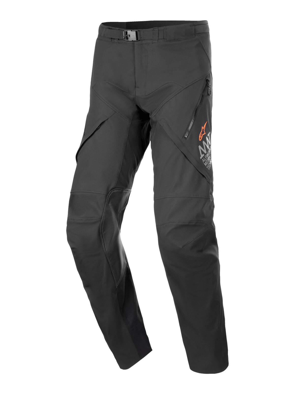 Alpinestars AMT-8 Stretch Drystar XF Pants, czarne spodnie motocyklowe turystyczne, zapinane na zamek otwory wentylacyjne na udach, pomarańczowe logo gwiazdy, regulowana klamra w pasie, wzmocnione panele na kolanach, wytrzymały i elastyczny materiał