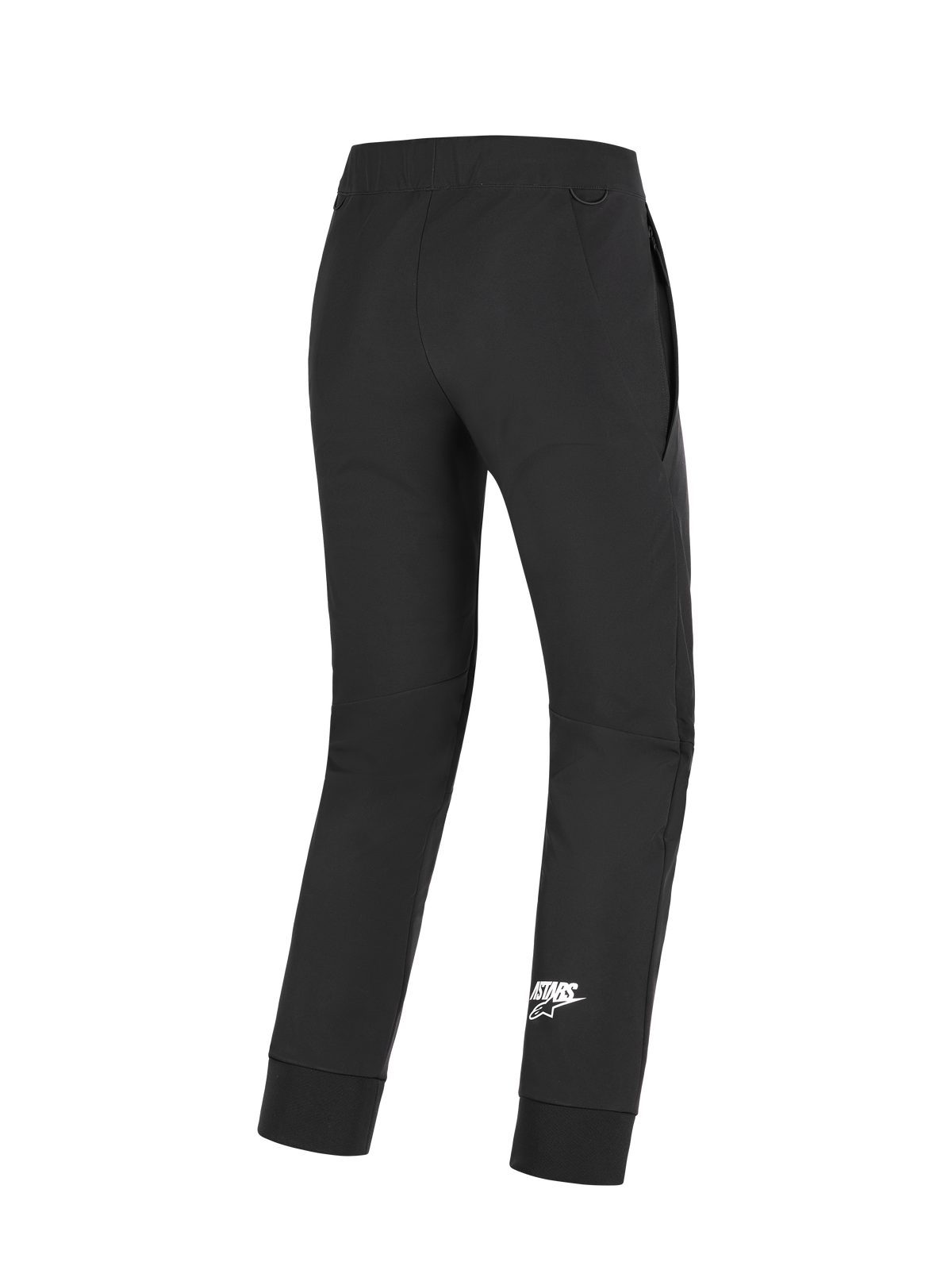 Alpinestars Aeroshell Pants, spodnie motocyklowe, czarne, widok z tyłu z białym logo Astars na dole nogawki, wykonane z elastycznej tkaniny softshell, profilowane kolana i elastyczne mankiety