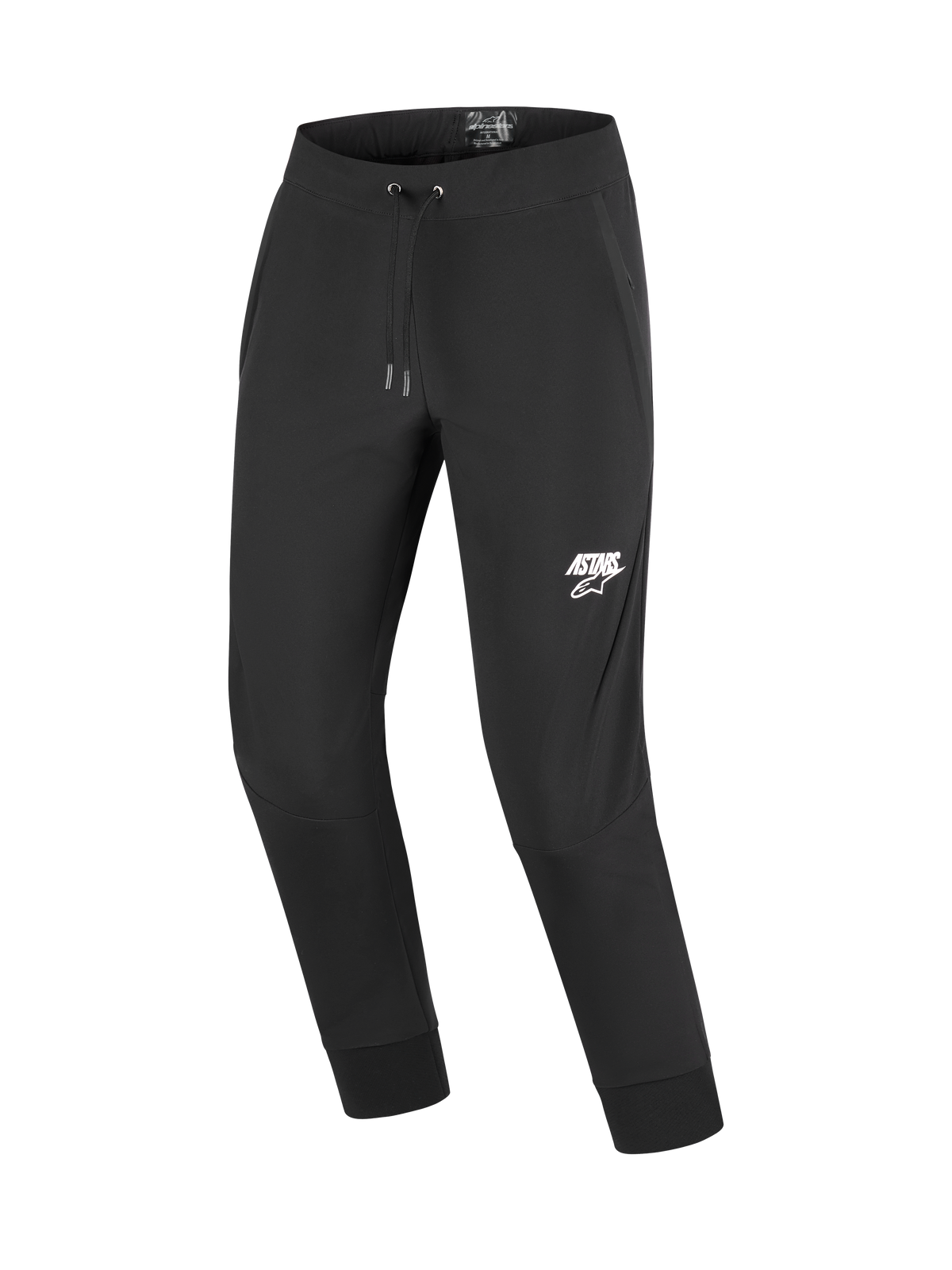 Spodnie Alpinestars Aeroshell, motocyklowe spodnie softshellowe, czarne z białym logo ASTARS na lewym udzie, elastyczny pas ze sznurkiem i ściągacze na kostkach, zaprojektowane dla motocyklistów miejskich i turystycznych