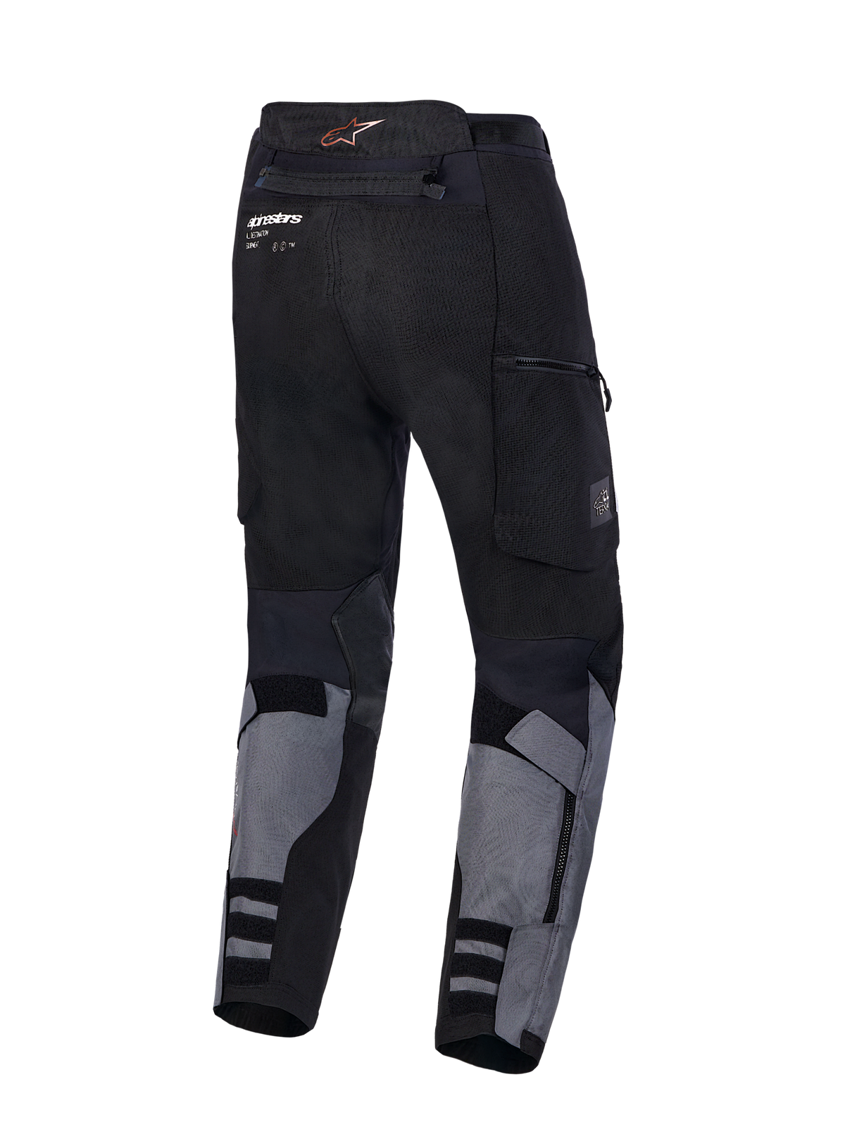 Alpinestars Harok V 2 Drystar Spodnie, motocyklowe spodnie turystyczne adventure, ciemnoszare i czarne, widok z tyłu pokazujący trwale tekstylną konstrukcję i kieszenie cargo