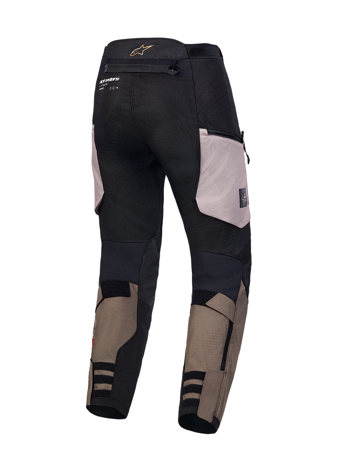 Alpinestars Harok V2 Drystar Spodnie, motocyklowe spodnie turystyczno-przygodowe, aluminiowe, orzechowe i czarne, widok z tyłu pokazujący trwałą konstrukcję ripstop, kieszenie typu cargo i regulowane zapięcia na dole nogawek