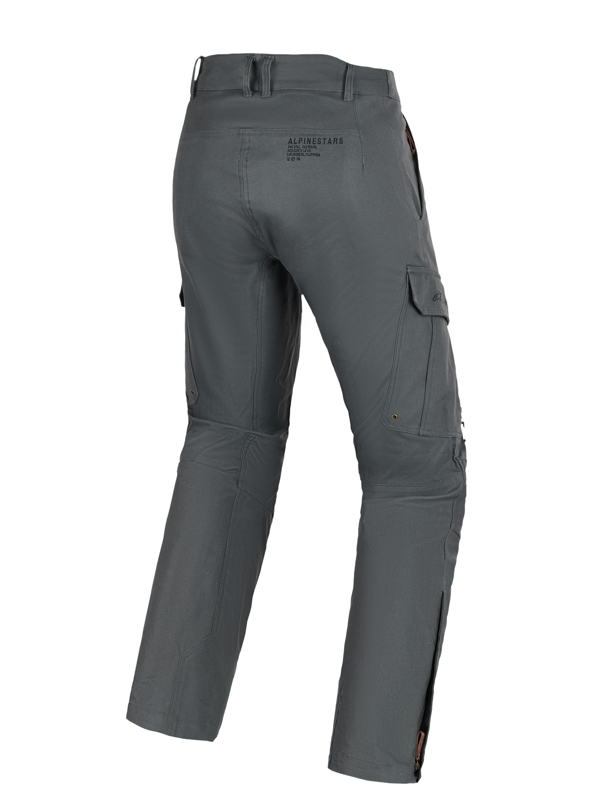 Alpinestars Borrego Drystar® Pants, przygodowe spodnie motocyklowe, antracytowe, widok z tyłu z widocznymi kieszeniami cargo, logo i zamkami na łydkach, wytrzymały materiał o wyglądzie woskowanego płótna