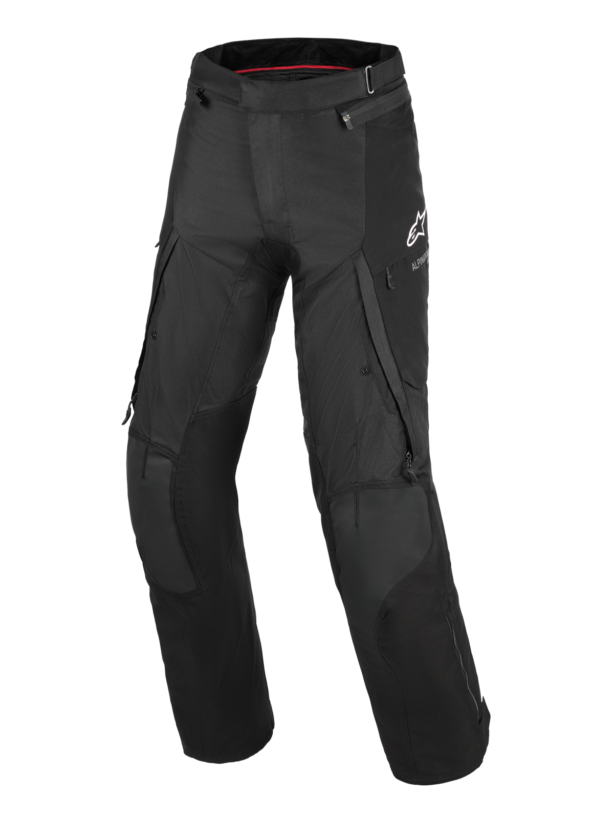 Alpinestars Andes V4 Drystar® Pants - Long, czarne motocyklowe spodnie adventure-touring, duże kieszenie cargo, wzmocnione panele na kolanach, wentylacja na udach zapinana na zamek, białe logo Alpinestars na lewym udzie