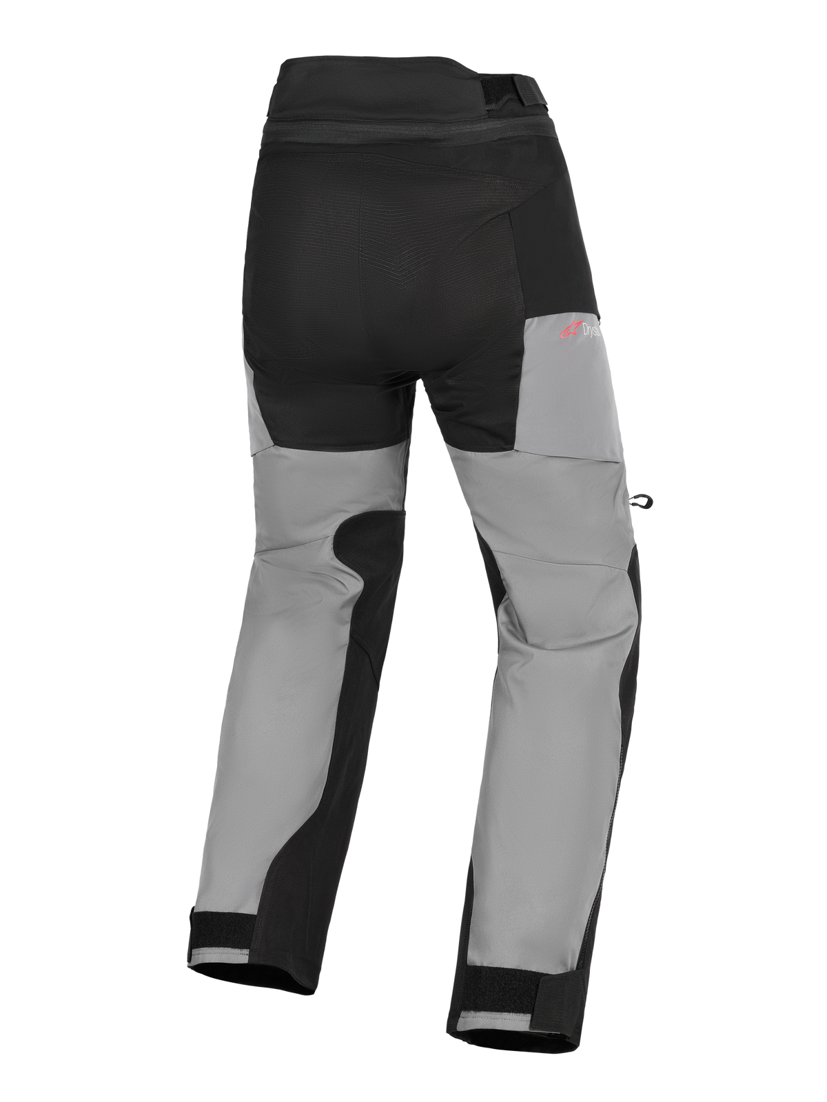 Spodnie Alpinestars Andes V4 Drystar®, przygodowe spodnie motocyklowe, czarne i ciemnoszare, widok z tyłu prezentujący wzmocnione panele na siedzeniu, czerwone logo Drystar na biodrze oraz regulowane zapięcia na rzepy przy kostkach.