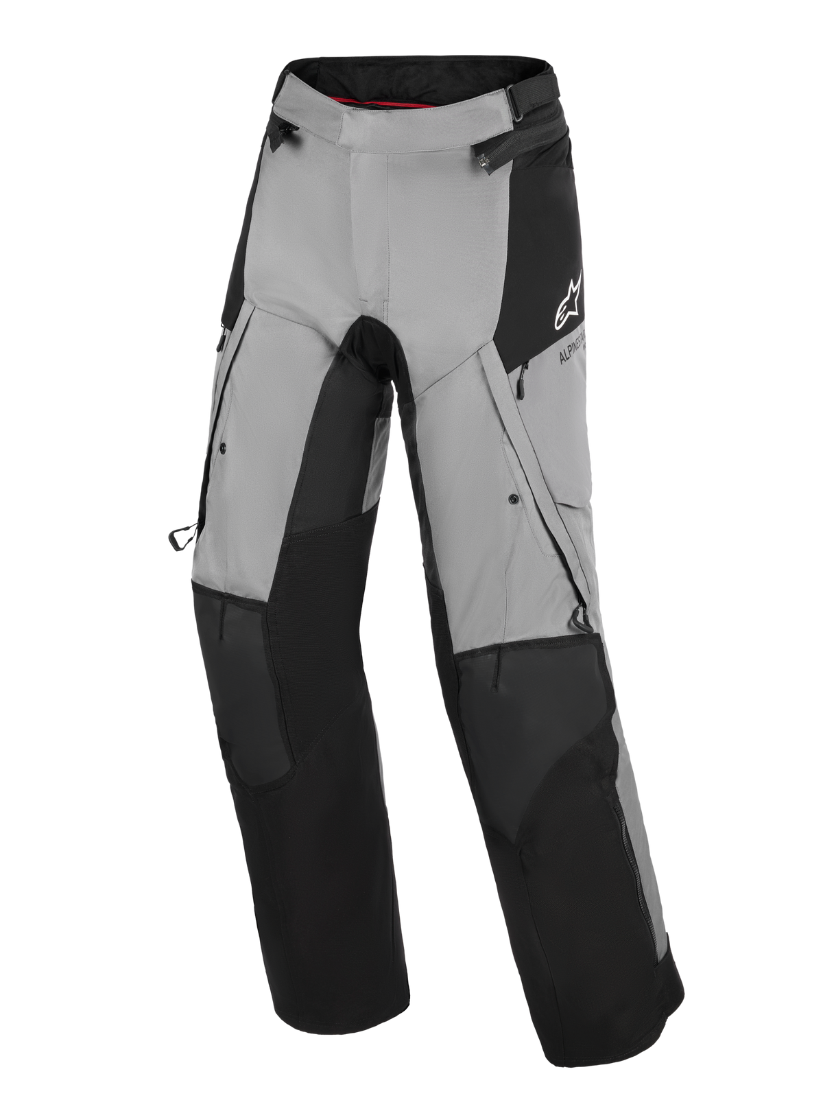 Alpinestars Andes V4 Drystar® Pants, turystyczne spodnie motocyklowe, czarno-ciemnoszare, wzmocnione czarne panele na kolanach i goleniach, zapinane na zamek otwory wentylacyjne na udach, kieszenie cargo, białe logo na biodrze, przeznaczone do jazdy w każdych warunkach pogodowych