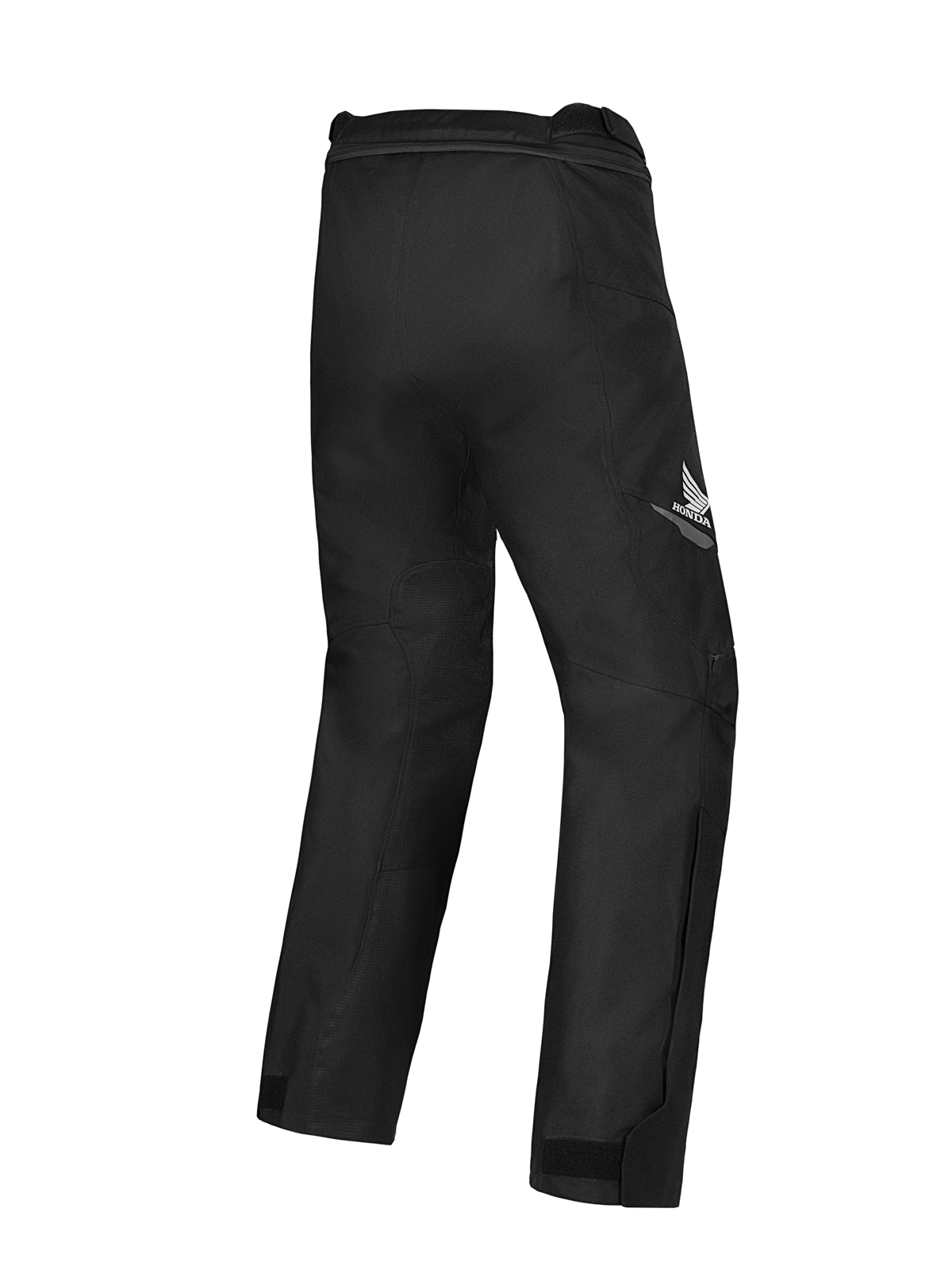 Spodnie Alpinestars Honda ST-1 Waterproof, motocyklowe spodnie turystyczne, czarne, widok z tyłu z logo skrzydeł Hondy na udzie, opływowa konstrukcja tekstylna z ergonomiczną swobodą ruchów i zamkiem do połączenia w pasie