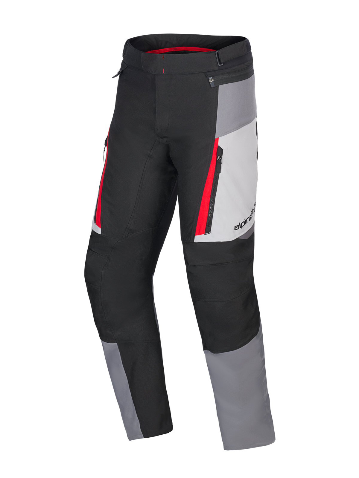Alpinestars Honda ST-1 Waterproof Pants, turystyczne spodnie motocyklowe, kolory Ice Gray, Dark Gray i czarny z czerwonymi akcentami, techniczna konstrukcja tekstylna z wodoodporną podszewką, kieszenie cargo na zamek i ergonomiczne, profilowane nogawki