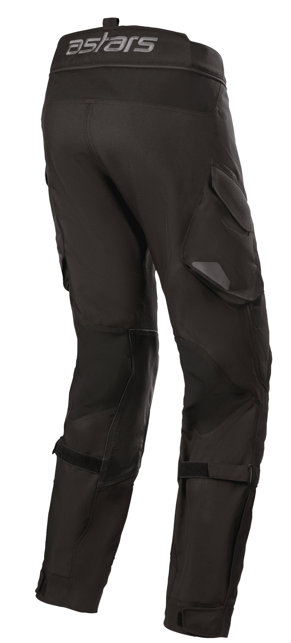 Alpinestars Halo Drystar® Pants, Adventure Touring Motorcycle Pants, Black, rear side view featuring the astars logo on the waistband, functional cargo pockets, and adjustable straps on the legs for a secure fit.