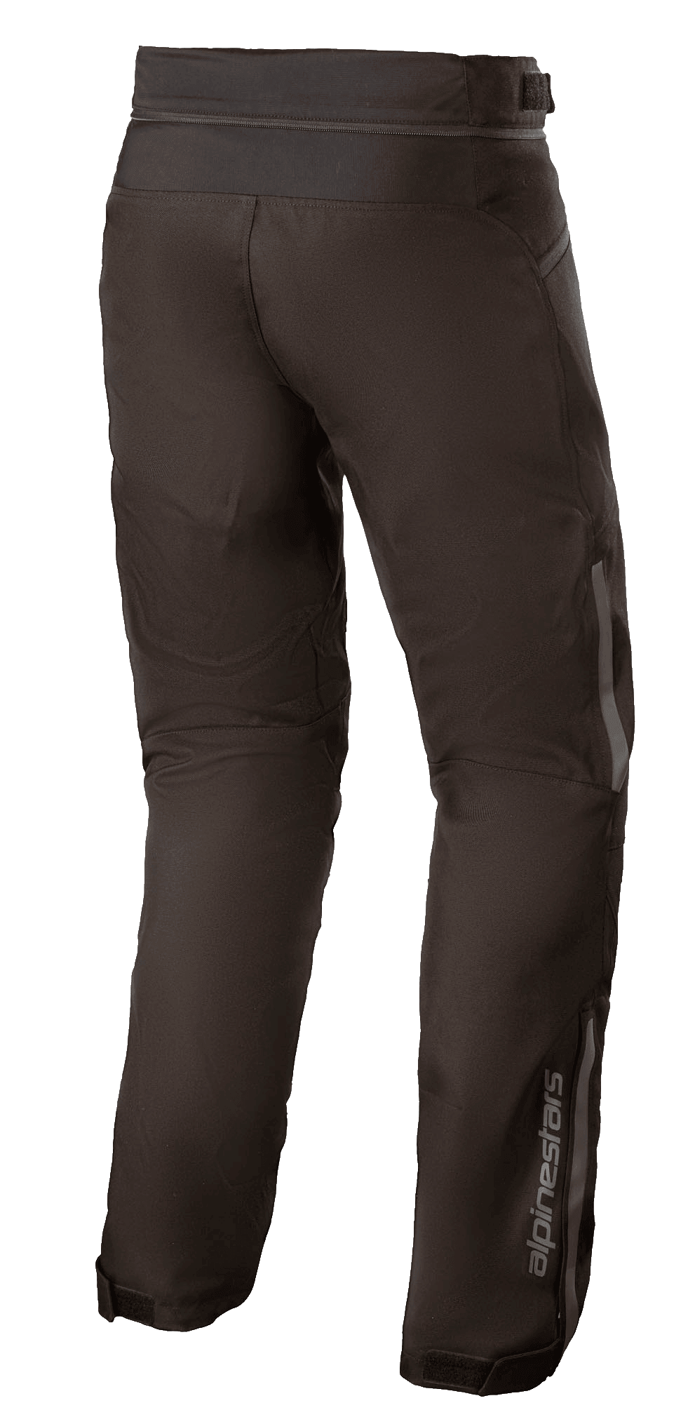Alpinestars AST-1 V2 Waterproof Pants, Black, textile motorcycle pants, rear-side view showing reflective details, lower leg Alpinestars logo, waist connection zipper, and adjustable cuffs for all-weather protection