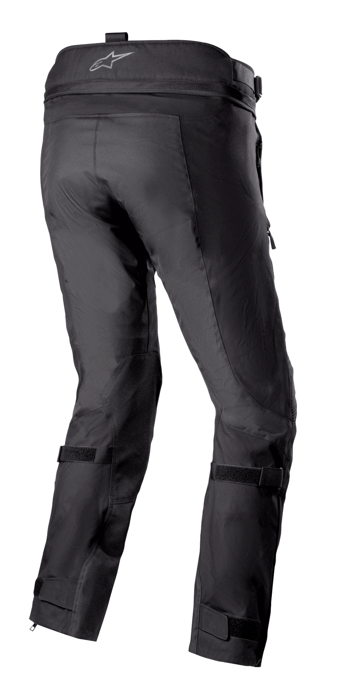 Alpinestars Bogotá Pro Drystar® 3 Seasons Pants, czarne motocyklowe spodnie turystyczne adventure widoczne z tyłu, z logo na pasie, regulowanymi paskami na nogawkach i techniczną konstrukcją tekstylną ze wzmocnionymi panelami.