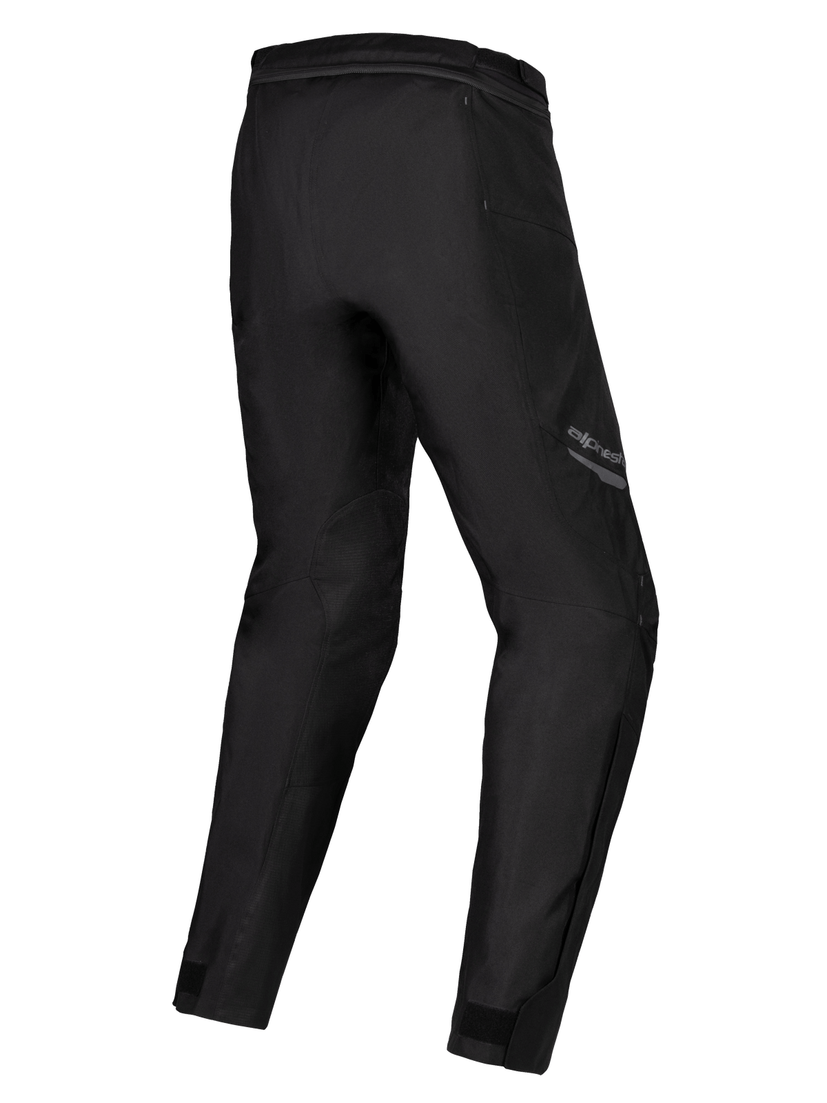 Alpinestars Stella ST-1 Waterproof Pants, damskie spodnie motocyklowe, czarne, widok z tyłu pod kątem przedstawiający wyprofilowane nogawki, tekstylna konstrukcja z zamkiem do łączenia w pasie i regulacją w kostkach, odzież adventure touring