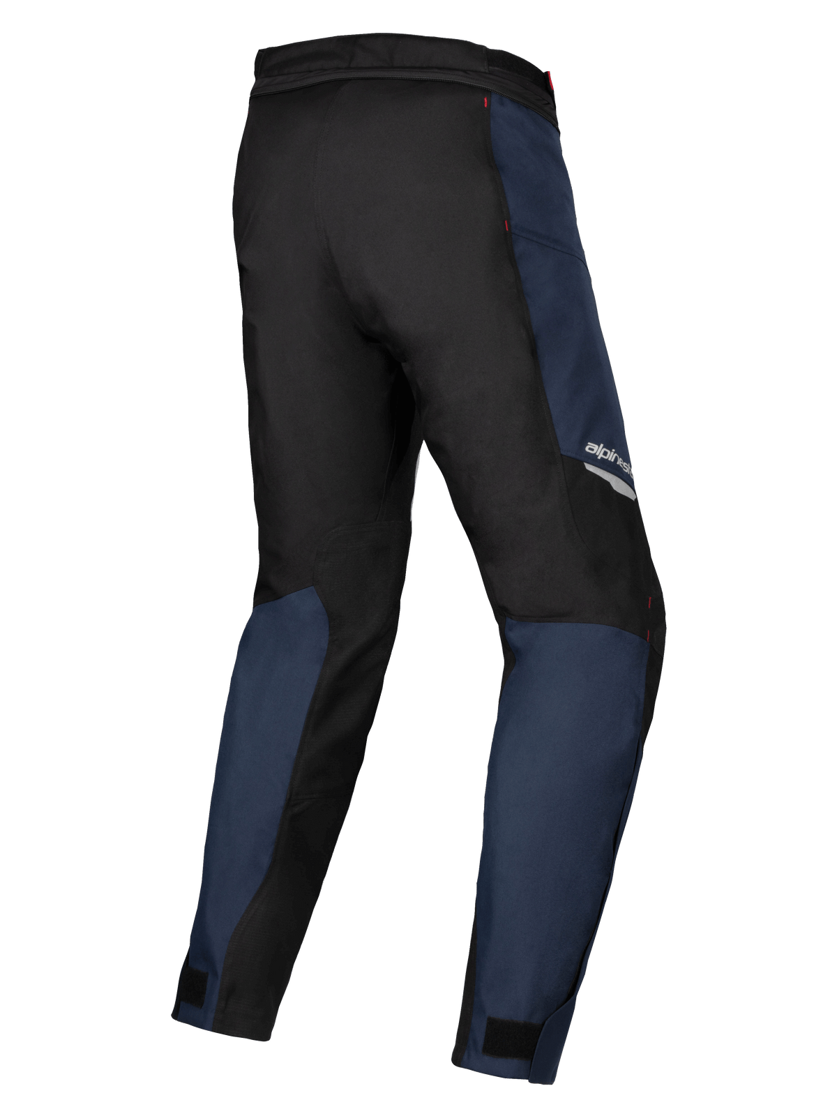 Alpinestars Stella ST-1 Waterproof Pants, Dark Blue and Black textile with Bright Red accents, rear three-quarter view highlighting the durable construction and ergonomic fit for women's adventure touring.