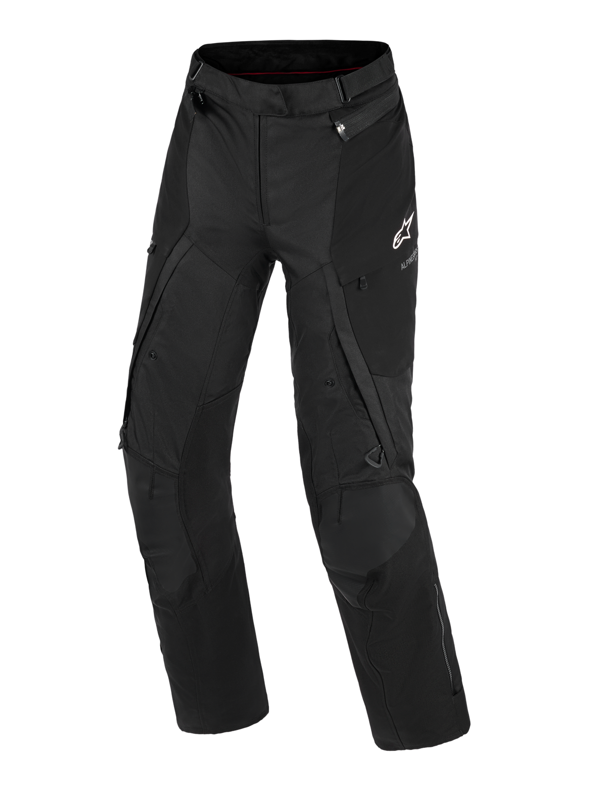 Spodnie Alpinestars Stella Andes V4 Drystar®, damskie motocyklowe spodnie adventure, czarne, widok z przodu ukazujący techniczną konstrukcję tekstylną, białe logo Alpinestars na lewym udzie, kieszenie cargo i zamki wentylacyjne, wytrzymała odzież motocyklowa na każdą pogodę
