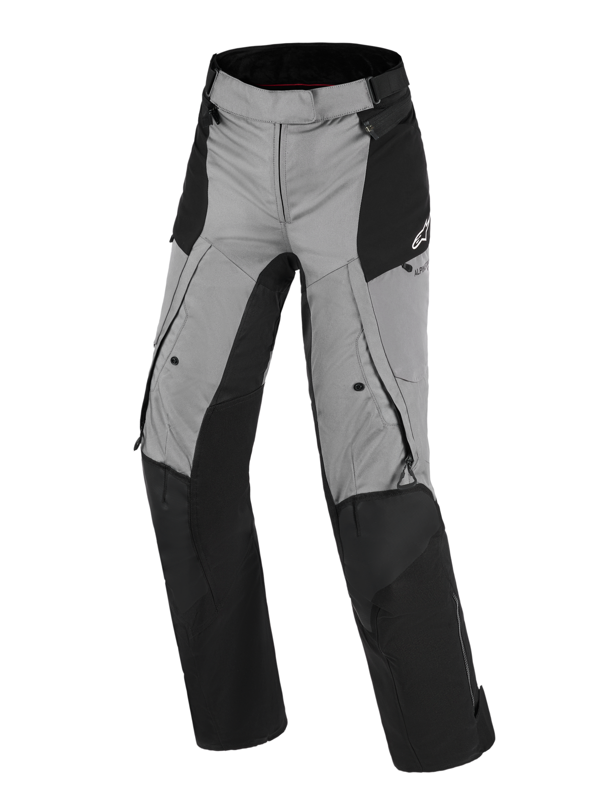 Spodnie Alpinestars Stella Andes V4 Drystar®, damskie spodnie motocyklowe, czarne i ciemnoszare, styl adventure touring z wodoodpornej tkaniny, wzmocnienia na kolanach i siedzisku, kieszenie i otwory wentylacyjne na zamek, logo Alpinestars na biodrze