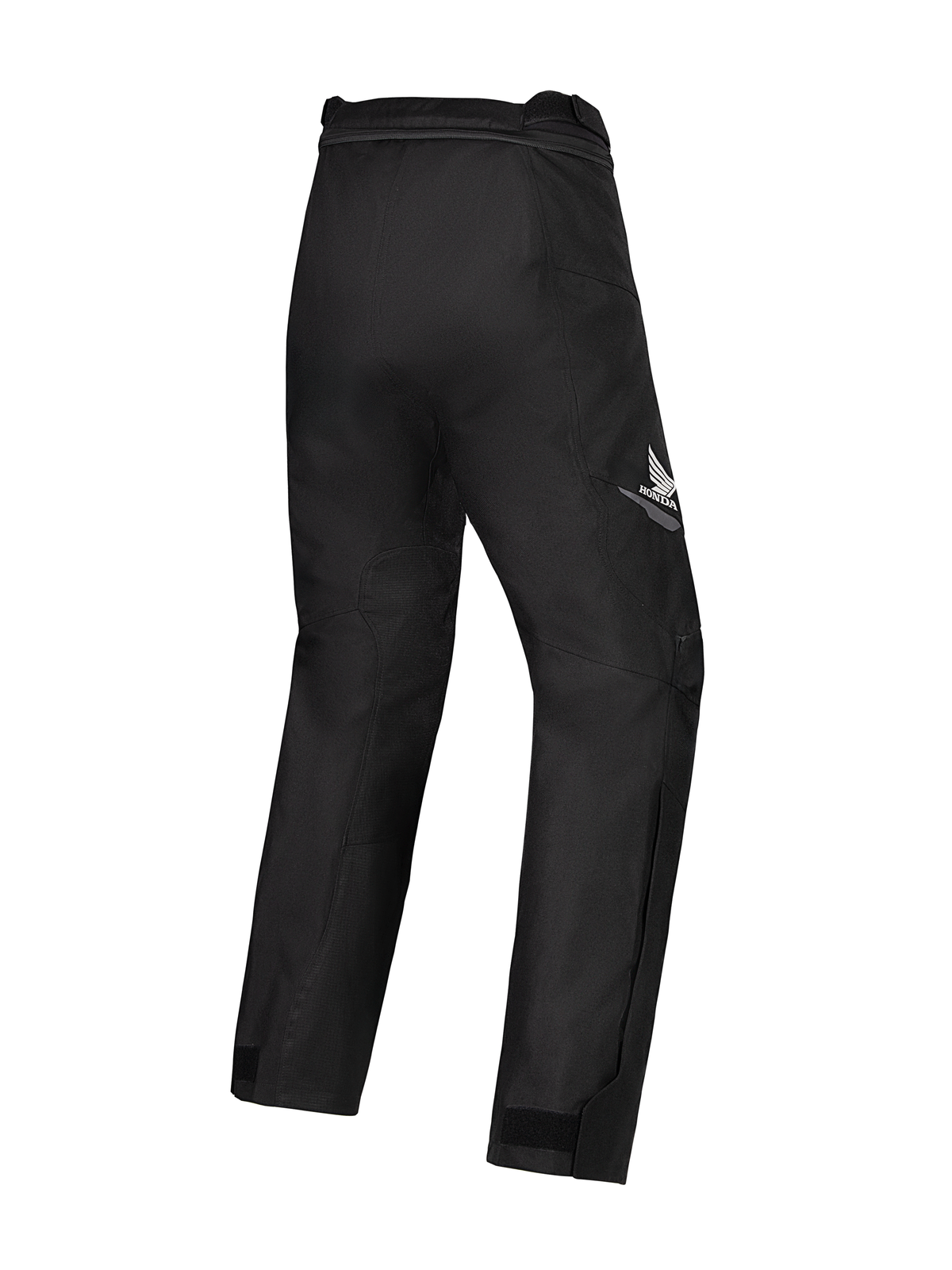Alpinestars Honda Woman Stella St-1 Waterproof Pants, Black motorcycle pants, rear three-quarter view featuring the white Honda wing logo on the right thigh, durable textile construction with articulated knees and ankle adjusters, designed for touring and adventure riding