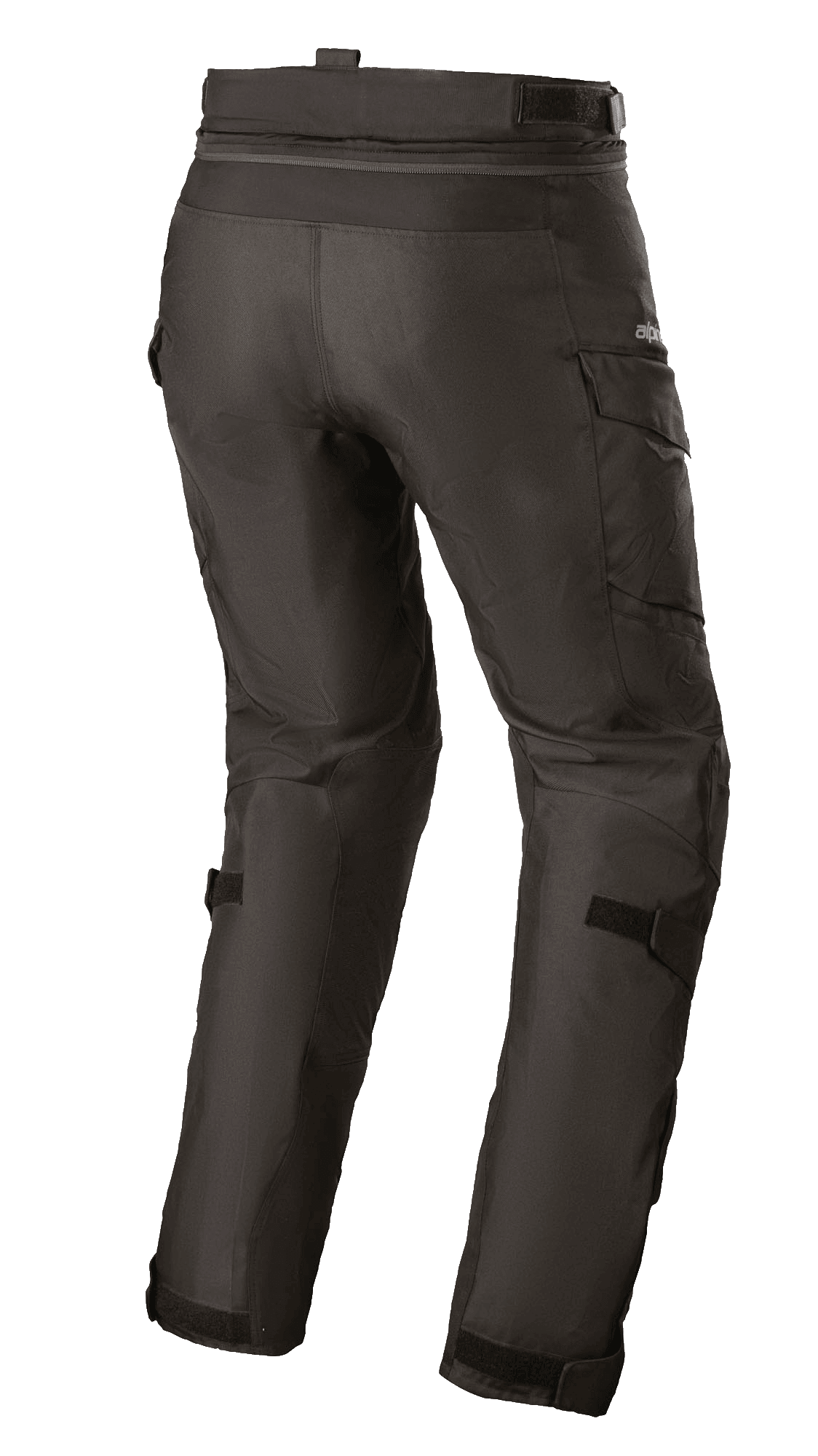 Damskie spodnie Alpinestars Stella Andes V3 Drystar®, motocyklowe spodnie turystyczne adventure, czarne, widok z tyłu przedstawiający kieszenie cargo i regulowane paski na łydkach, wytrzymała konstrukcja tekstylna z wodoodporną technologią Drystar®