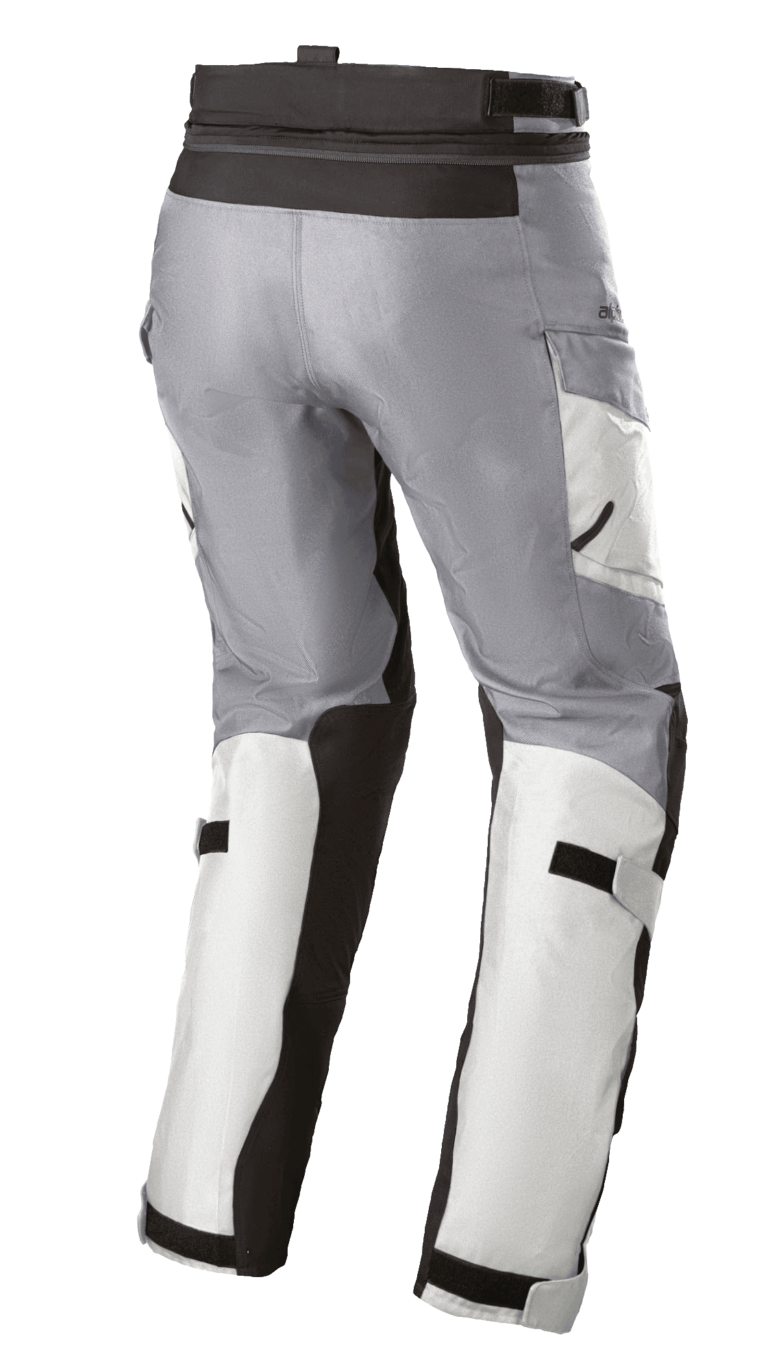Alpinestars Women's Stella Andes V3 Drystar® Pants, Motorcycle Touring Pants, Ice Gray and Dark Gray, rear three-quarter view showing adjustable waist and calf straps, cargo pockets, and reinforced panels.