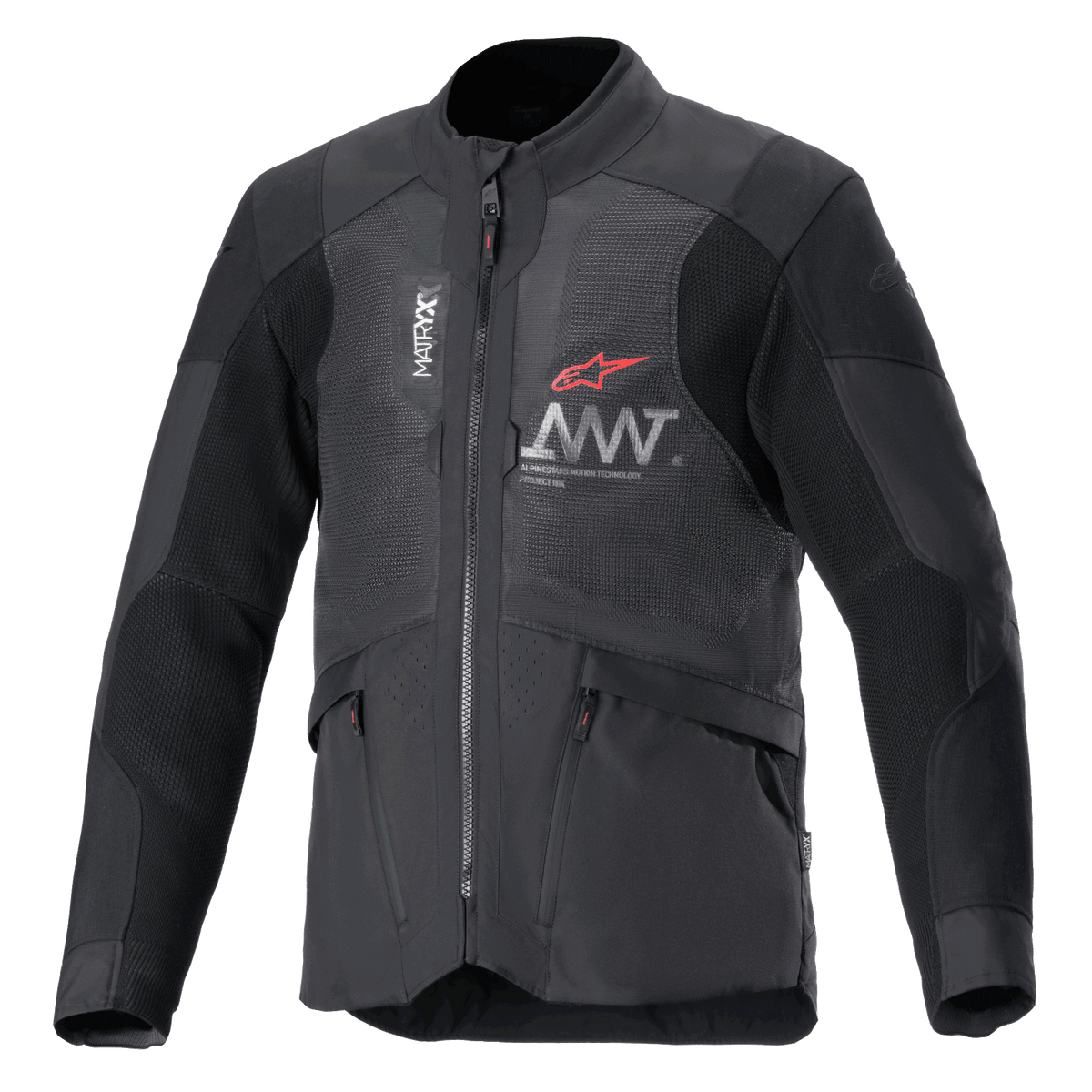 Alpinestars AMT-7 Air Jacket, Motorcycle Jacket, Black and Dark Shadow, MATRYX mesh ventilation panels on the chest, Red star logo with silver AMT branding, front zippered cargo pockets, textile adventure and road touring design