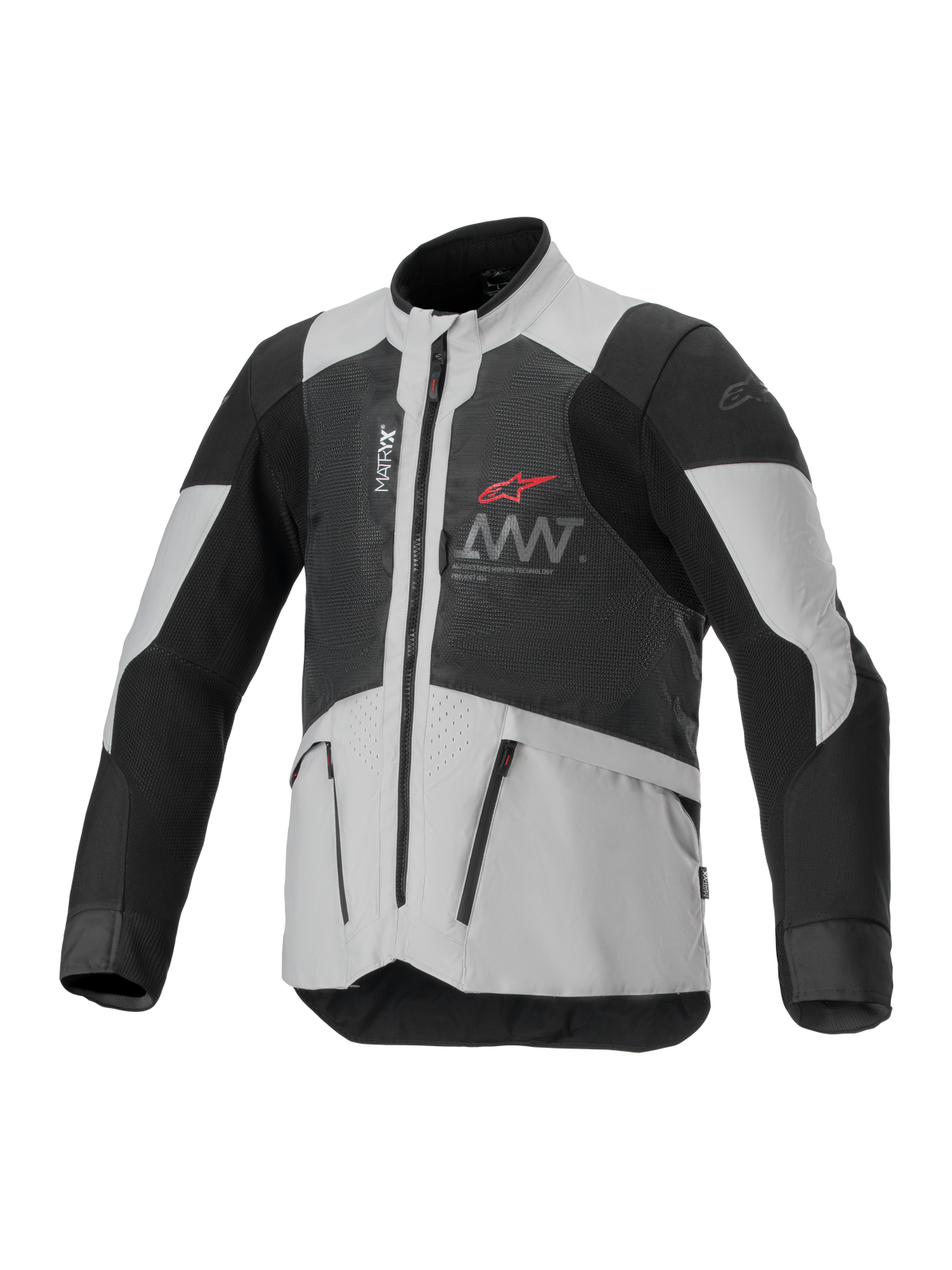 Alpinestars AMT-7 Air Jacket, Motorcycle Ventilated Jacket, Black and White, featuring MATRYX ventilation panels, zippered pockets, and high collar, sporty design with red Alpinestars logo