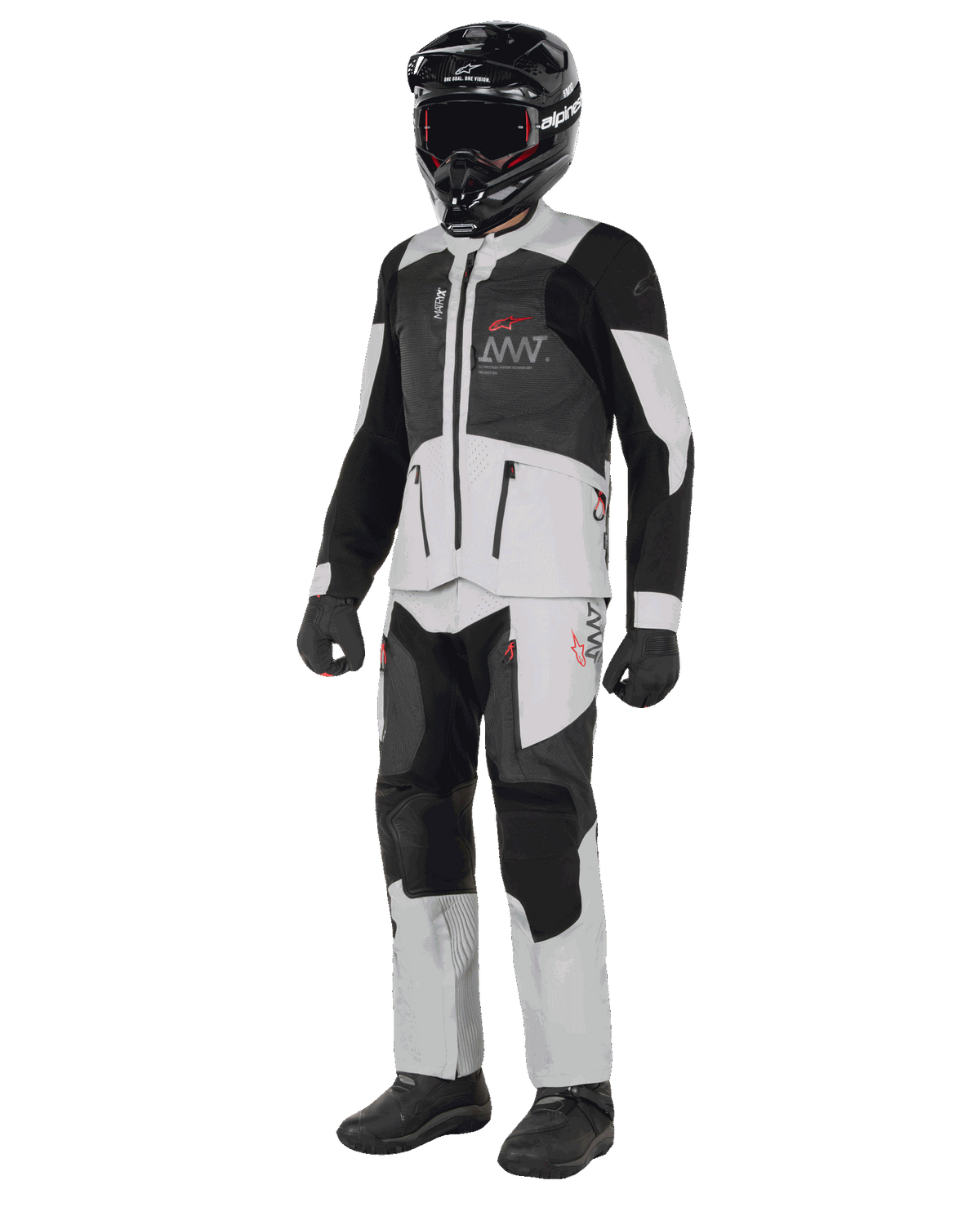 Alpinestars AMT-7 Air Jacket, White and Dark Shadow, adventure motorcycle jacket with MATRYX ventilation panels, worn with matching pants, black helmet, and gloves, full-body view of professional riding gear.