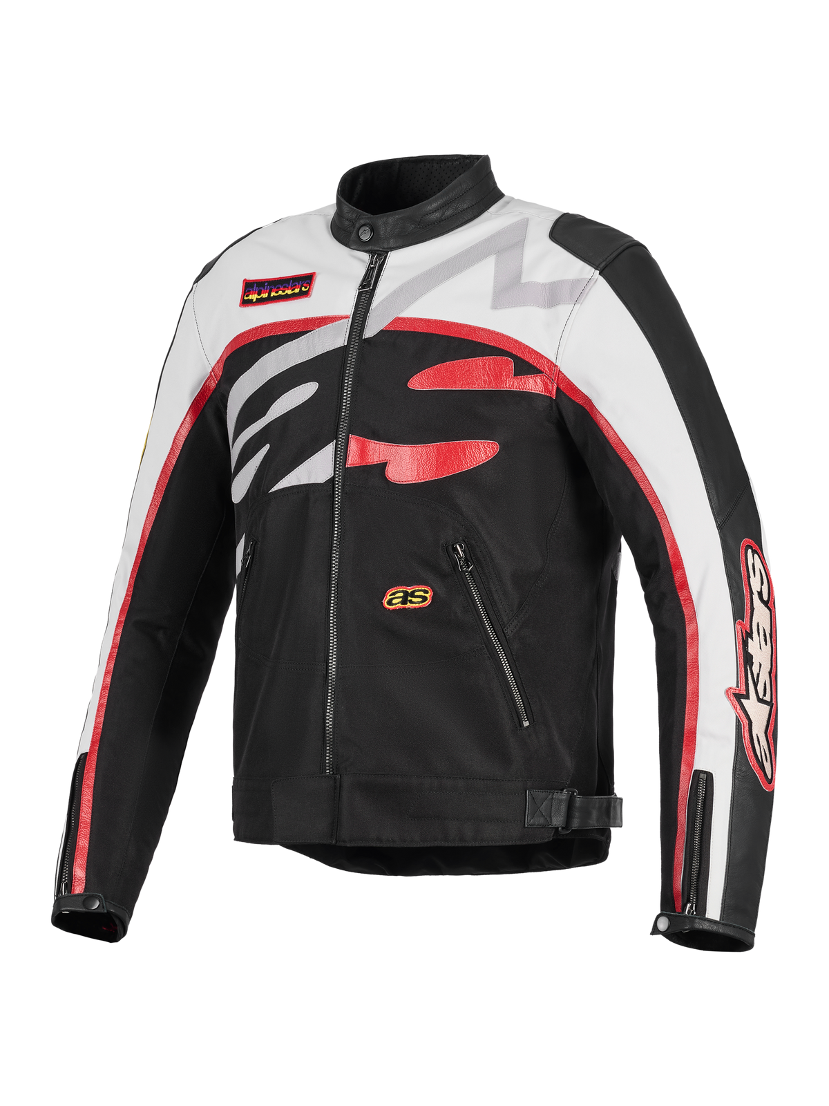 Kurtka Alpinestars Axton, kurtka motocyklowa, czarna, złamana biel i jaskrawoczerwona, design inspirowany wyścigami vintage z wyraźnym, oplatającym logo Alpinestars, konstrukcja tekstylno-skórzana, kieszenie na zamek i kołnierz motocyklowy
