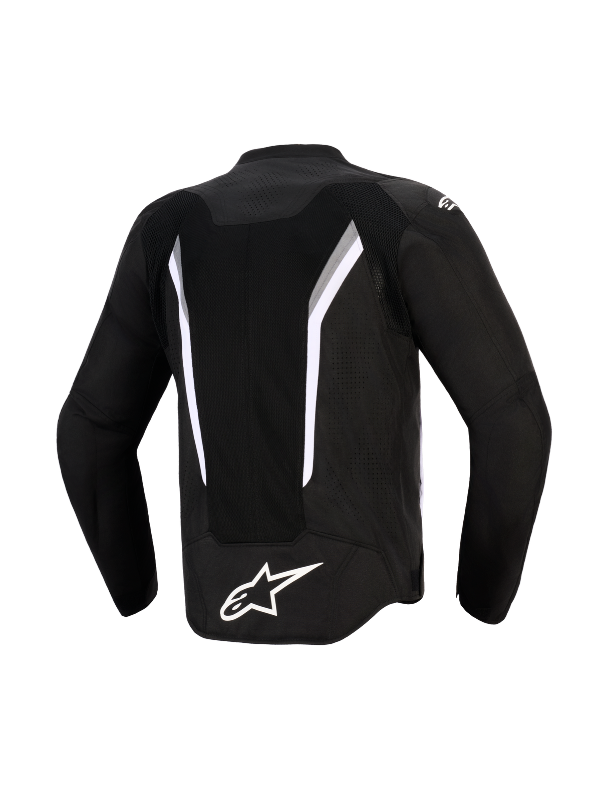 Alpinestars AST V3 Air Jacket, widok z tyłu, czarna z białymi i ciemnoszarymi akcentami, duży siatkowy panel wentylacyjny, białe logo Alpinestars w dolnej części pleców, strefy perforowane laserowo, techniczna sportowa kurtka motocyklowa