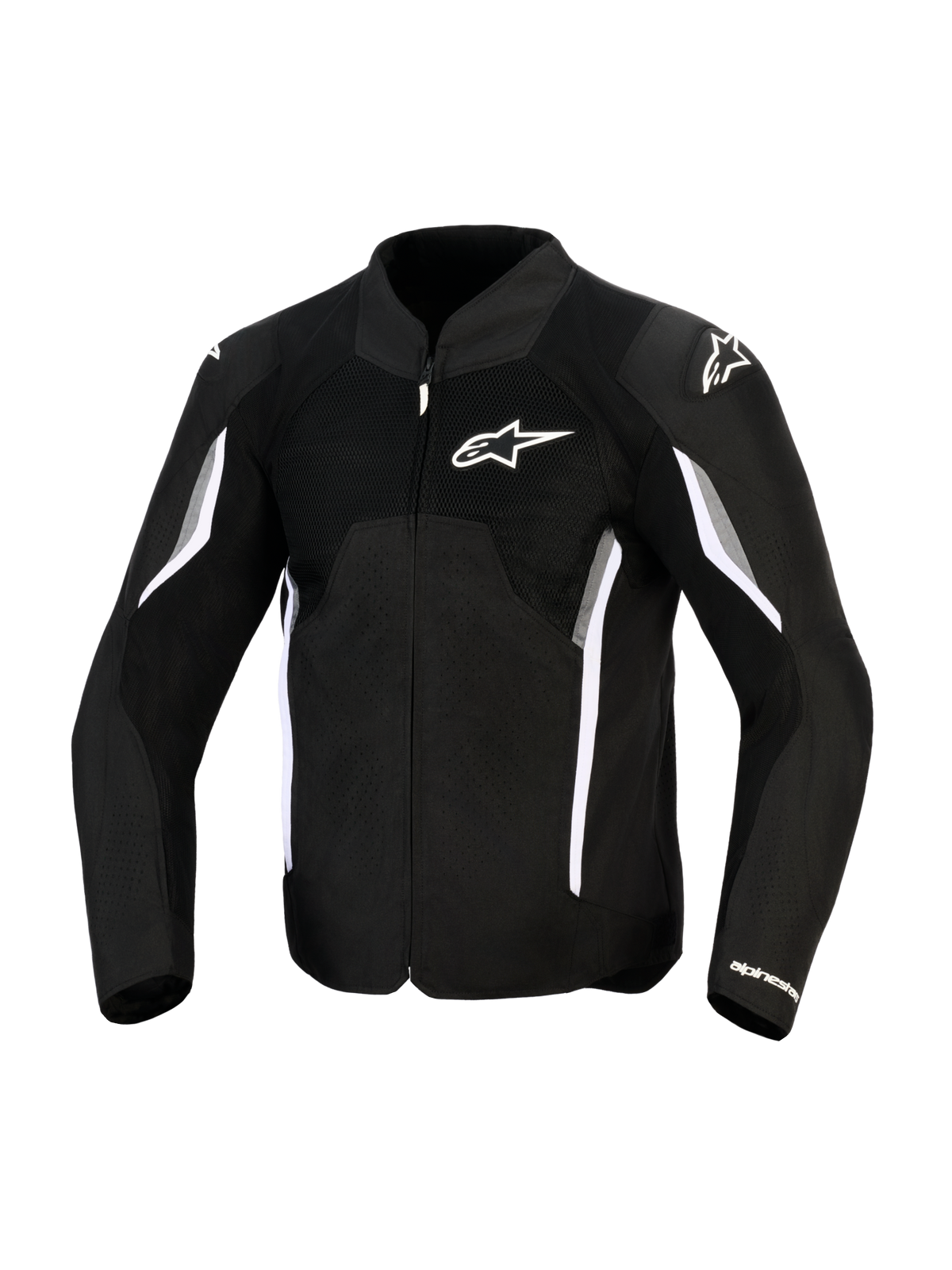 Alpinestars AST V3 Air Jacket, kurtka motocyklowa, czarna, ciemnoszara i biała, widok z przodu z siatkowymi panelami wentylacyjnymi, białe logo Alpinestars na klatce piersiowej i ślizgaczach ramion, sportowy design z białymi i szarymi akcentami na rękawach