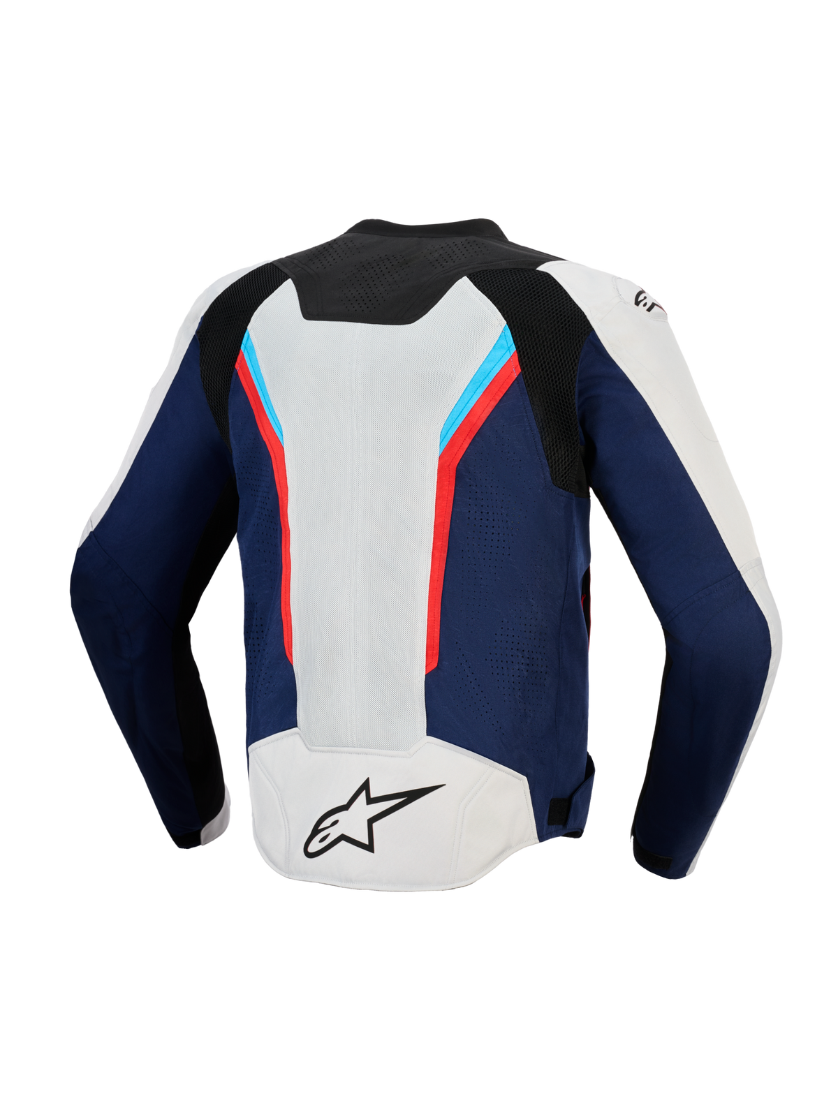 Kurtka Alpinestars AST V3 Air, widok z tyłu, srebrna, granatowa i jasnoczerwona, techniczna kurtka motocyklowa z dużymi siatkowymi panelami wentylacyjnymi, sportowy wielopanelowy design z czerwonymi i jasnoniebieskimi akcentami, czarne logo A-star na dole pleców.