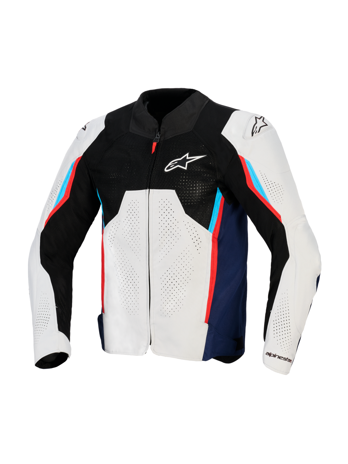 Kurtka Alpinestars AST V3 Air, motocyklowa kurtka wyścigowa, srebrny, ciemnoniebieski i jaskrawoczerwony, widok z przodu z czarną siatką techniczną, laserowo perforowanymi panelami tekstylnymi i zewnętrznymi sliderami ramion DFS, sportowy krój na ciepłe dni
