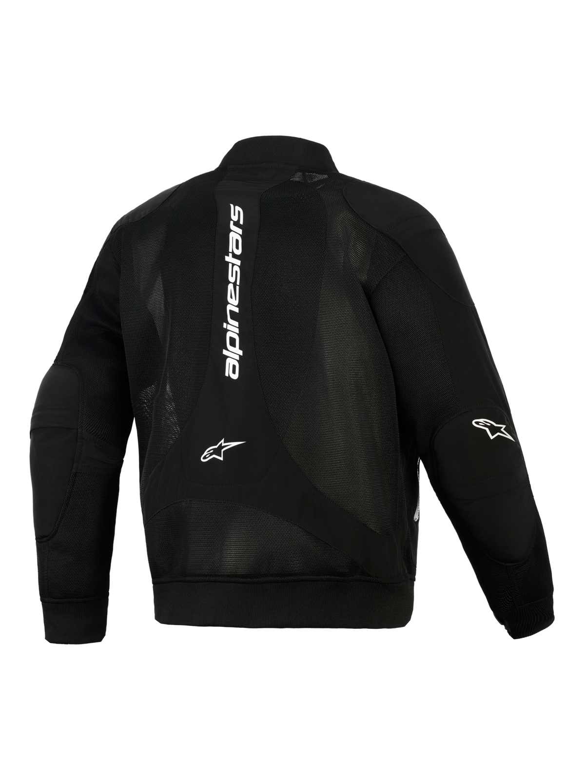 Alpinestars Flight Air Jacket, czarna, widok z tyłu, miejska kurtka motocyklowa w stylu bomber z rozbudowanymi panelami z siatki 3D, białe pionowe logo na plecach, logo Astar na łokciach, elastyczne ściągacze przy mankietach i na dole.