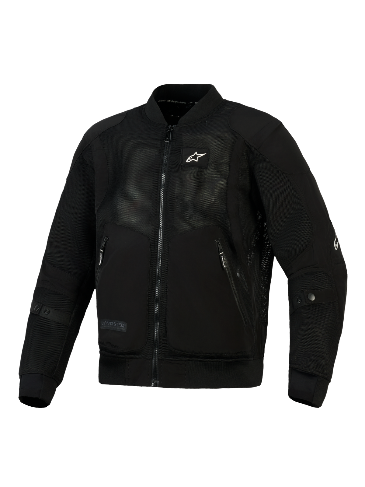 Alpinestars Flight Air Jacket, czarna miejska kurtka motocyklowa w stylu bomber, panele z siatki 3D o wysokim przepływie powietrza, solidne wzmocnienia z materiału polyfabric, małe białe logo na piersi, prążkowany elastyczny kołnierz i mankiety