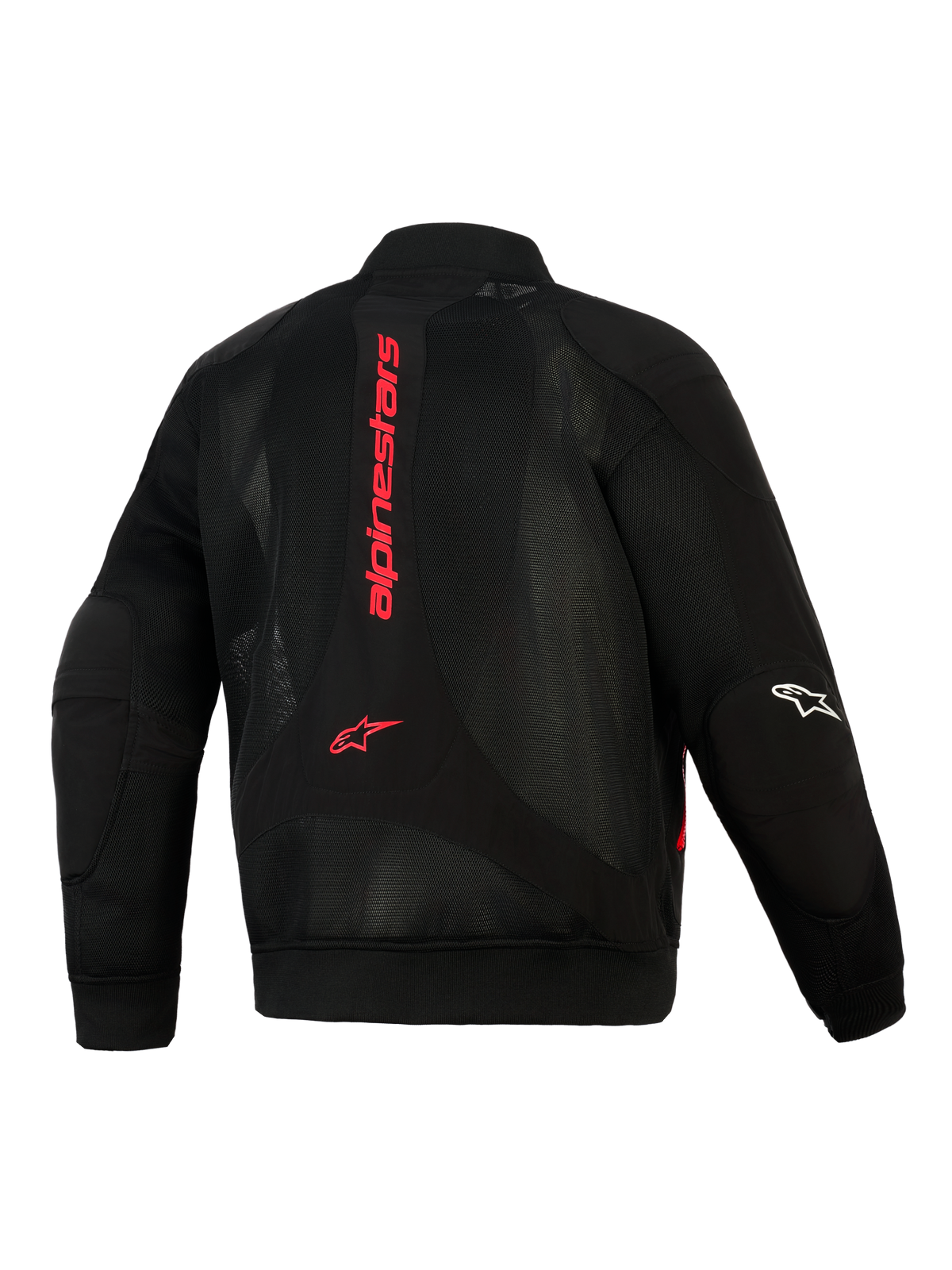 Kurtka Alpinestars Flight Air, czarna z jaskrawoczerwonymi akcentami, widok z tyłu ukazujący konstrukcję z siatki 3D, pionowe czerwone logo Alpinestars na plecach, sylwetka w stylu bomber z prążkowanym pasem i mankietami, białe logo na rękawie
