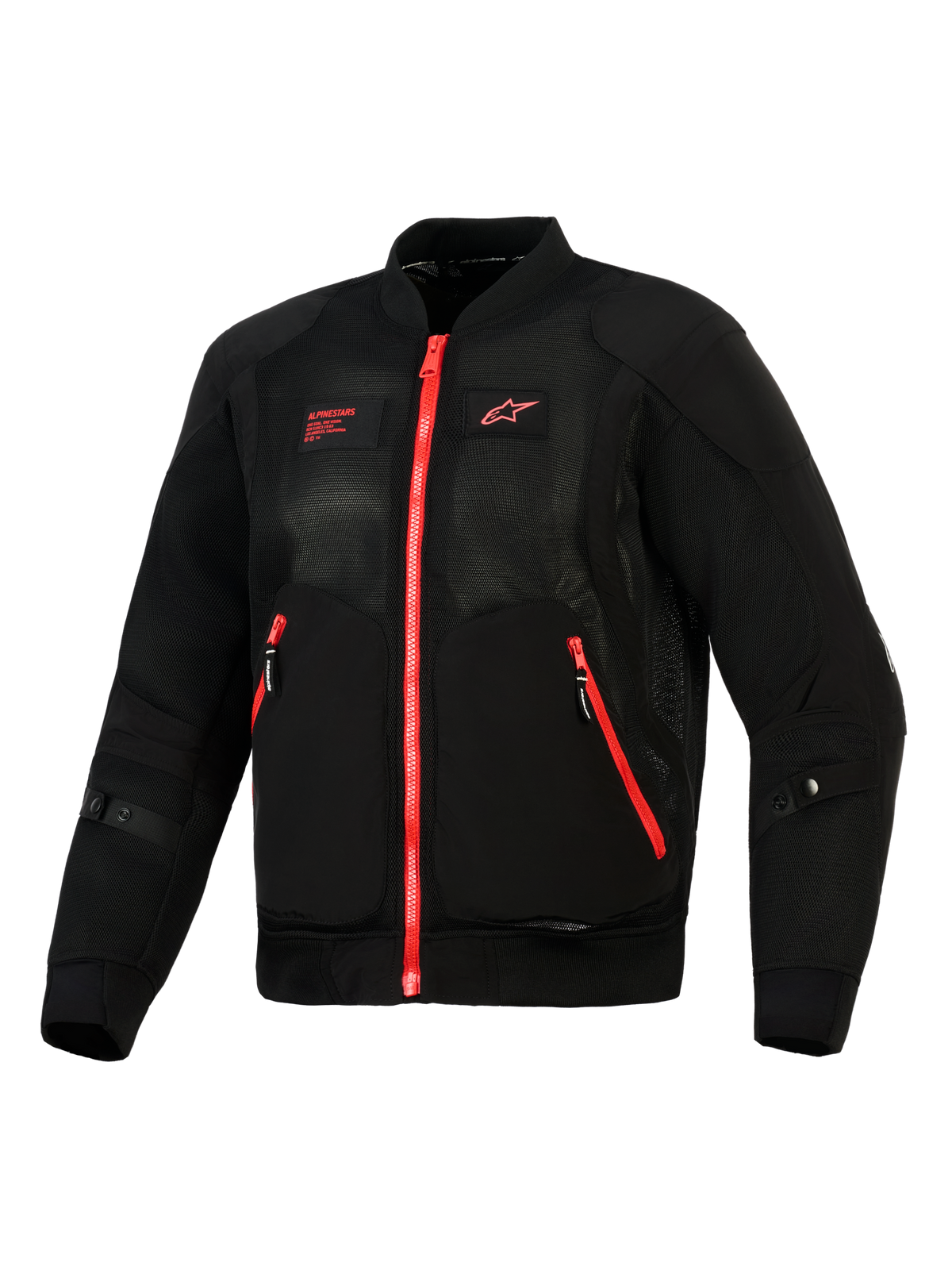 Alpinestars Flight Air Jacket, czarno-czerwona, widok z przodu lekkiej kurtki motocyklowej w stylu bomber z panelami z siatki 3D, kontrastującymi czerwonymi zamkami i czerwonym logo Alpinestars na piersi.
