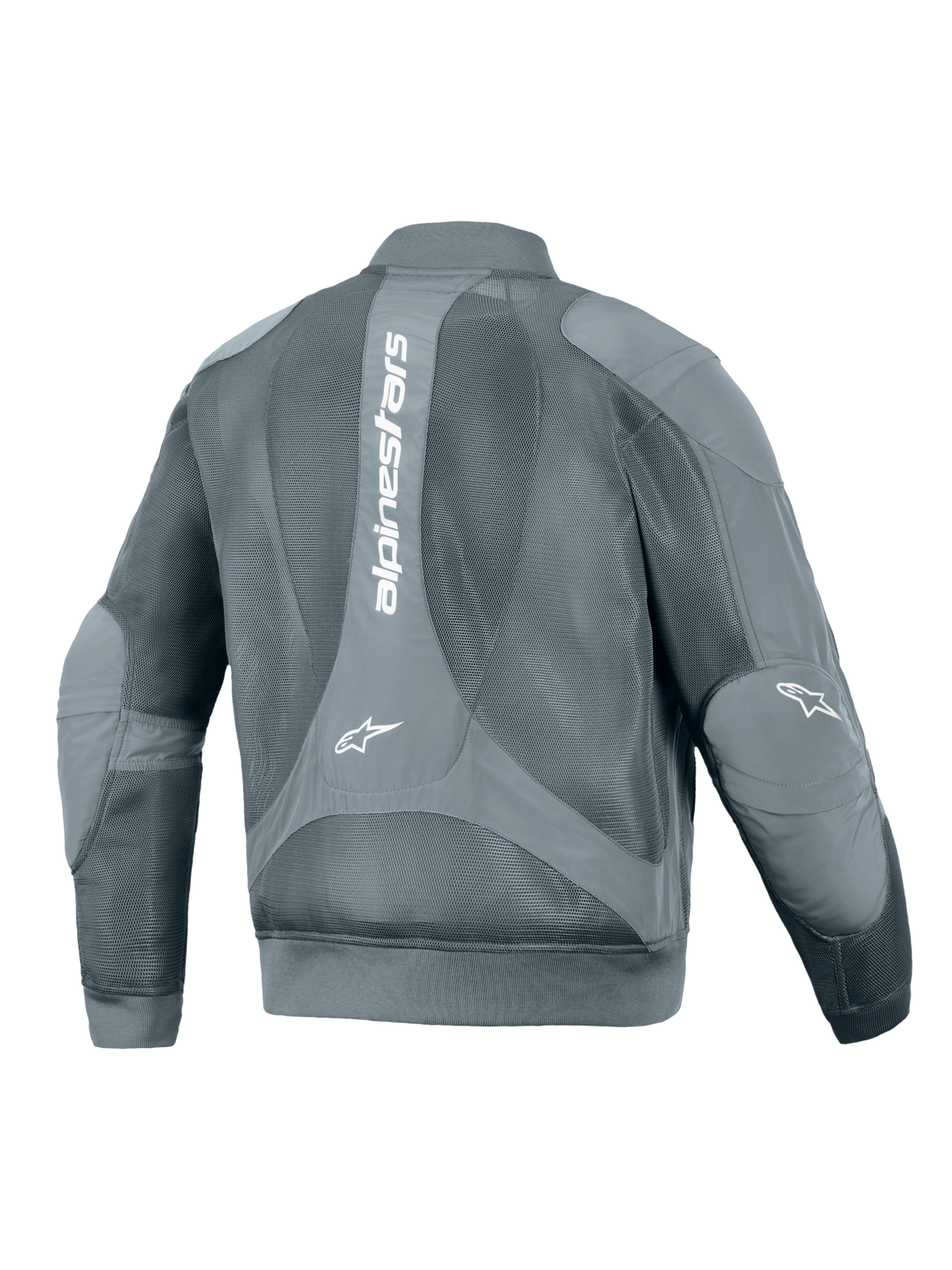 Kurtka Alpinestars Flight Air, miejska kurtka motocyklowa, Storm Gray, widok z tyłu z dużym pionowym białym logo Alpinestars, obszernymi panelami z siatki 3D zapewniającymi przepływ powietrza oraz ściągaczami w pasie i przy mankietach w stylu bomber