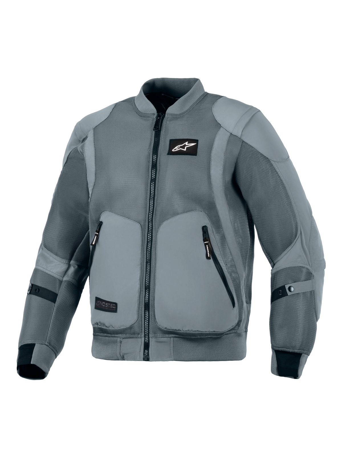 Alpinestars Flight Air Jacket, Storm Gray, miejska kurtka motocyklowa, sylwetka inspirowana kurtką bomber z rozszerzonymi panelami wentylacyjnymi z siatki 3D, prążkowany elastyczny kołnierz i mankiety, czarne logo Astars na piersi, zewnętrzne kieszenie na ochraniacze, zaprojektowana do jazdy miejskiej w gorące dni