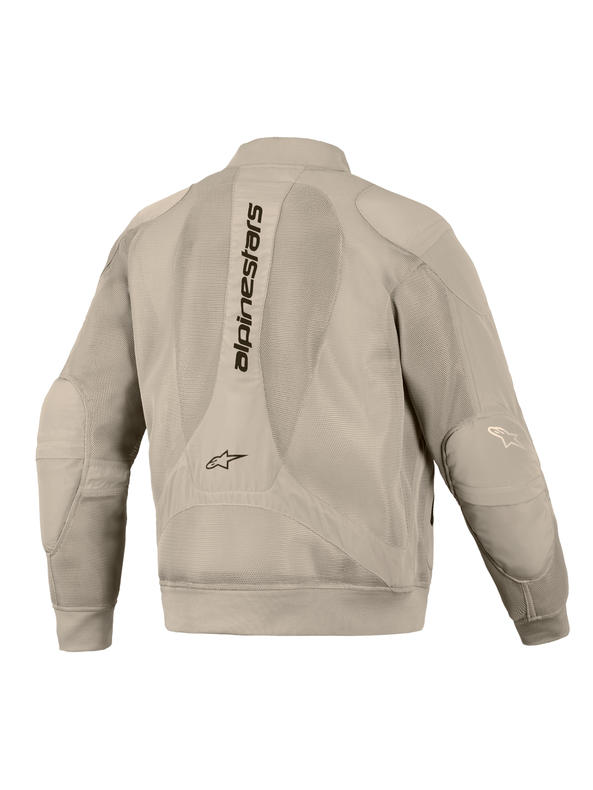 Kurtka Alpinestars Flight Air w kolorze Aluminum, widok z tyłu, wyposażona w rozbudowane panele z siatki 3D zapewniające wentylację, pionowy napis Alpinestars na plecach, ściągacze przy mankietach i na dole oraz nowoczesną sylwetkę w stylu bomber do miejskiej jazdy motocyklowej.